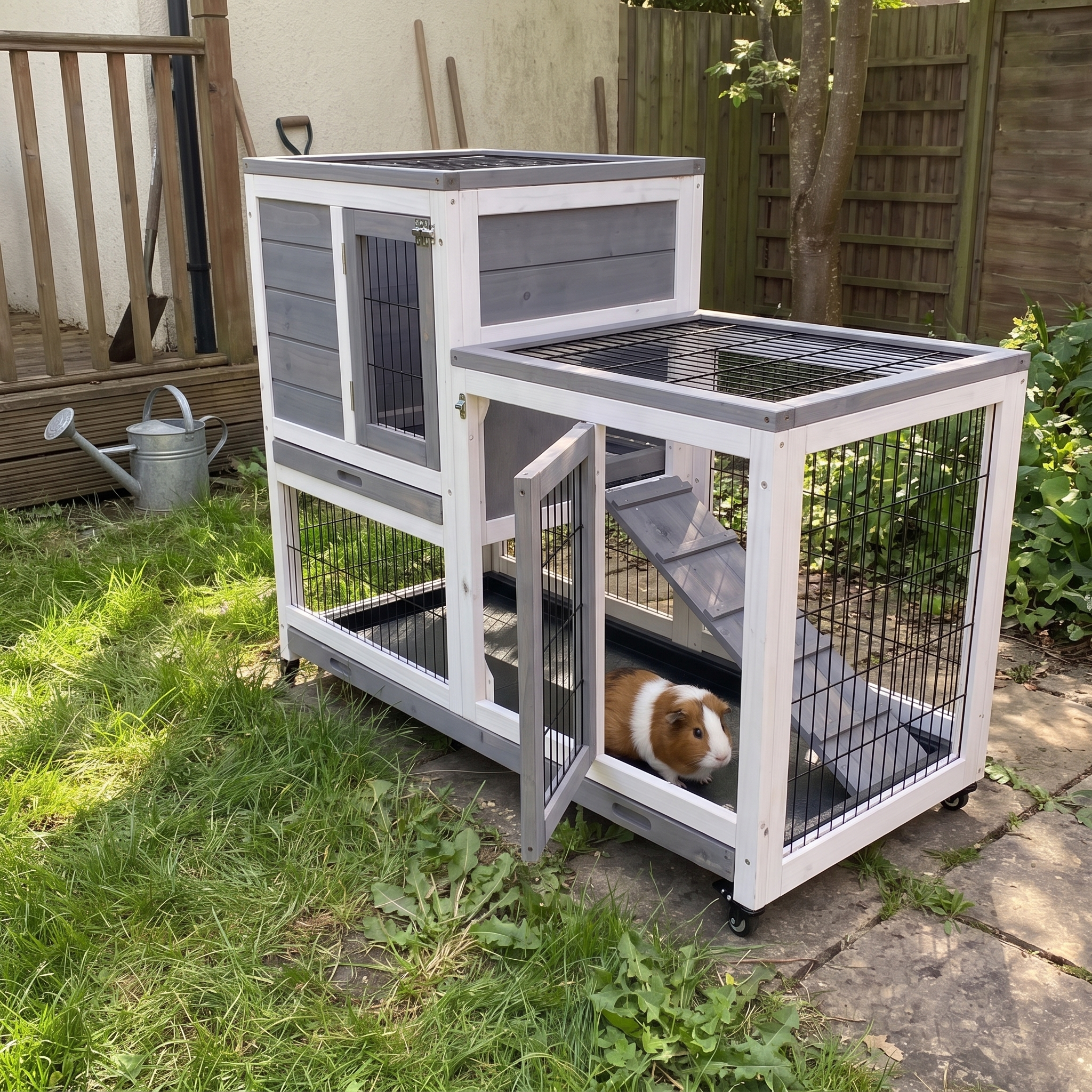 Guinea pig at the ramp of the elevated wooden hutch beside a backyard deck - wrenwood ugc lifestyle v2