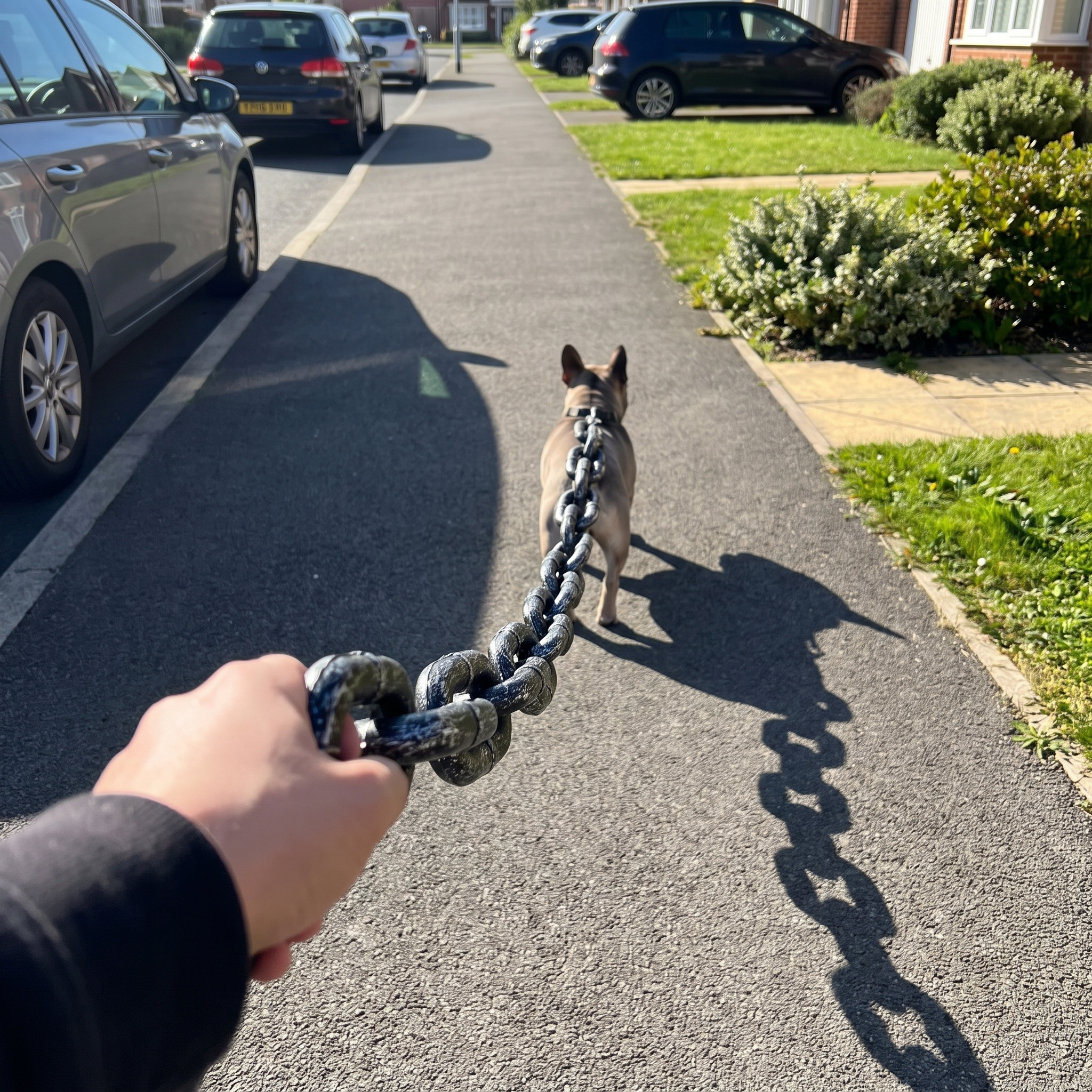 French bulldog mid-walk on a sidewalk leashed with the fake iron chain prop - wrenwood ugc lifestyle v2