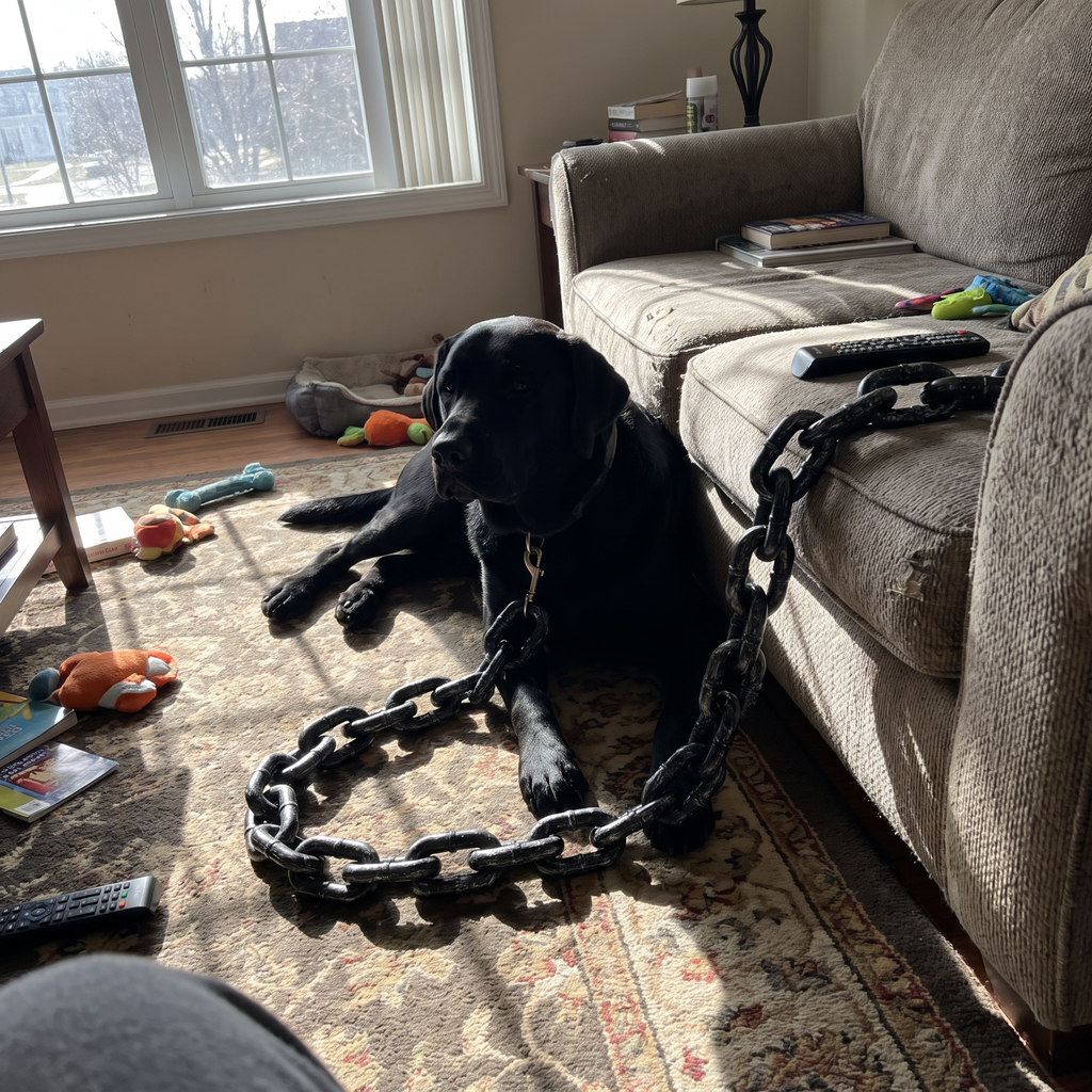 Black lab at home with the fake iron chain prop clipped to its collar - wrenwood ugc lifestyle v2