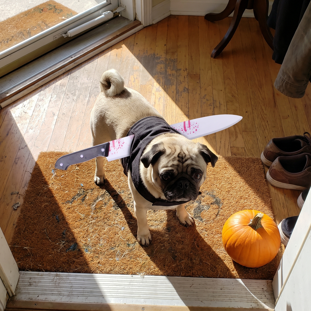 Pug wearing the fake knife prank costume by the front door with a small pumpkin - wrenwood ugc lifestyle v2