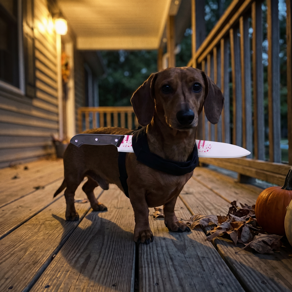 Dachshund in the fake knife costume on a porch at dusk under a warm porch light - wrenwood ugc lifestyle v2