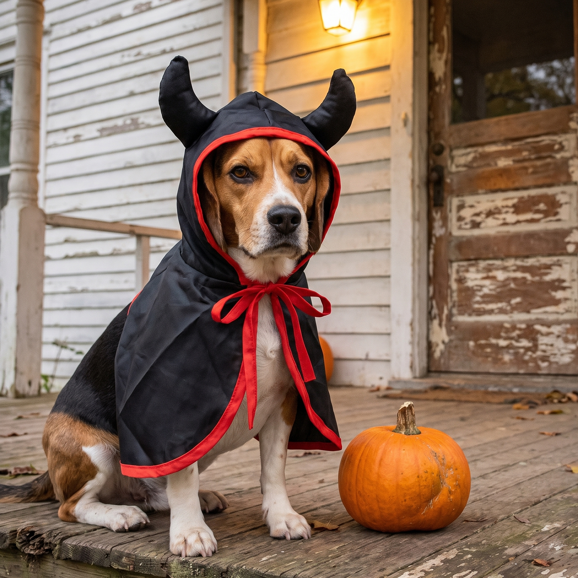 Beagle in the devil cloak costume sitting on a front porch - wrenwood hero v2