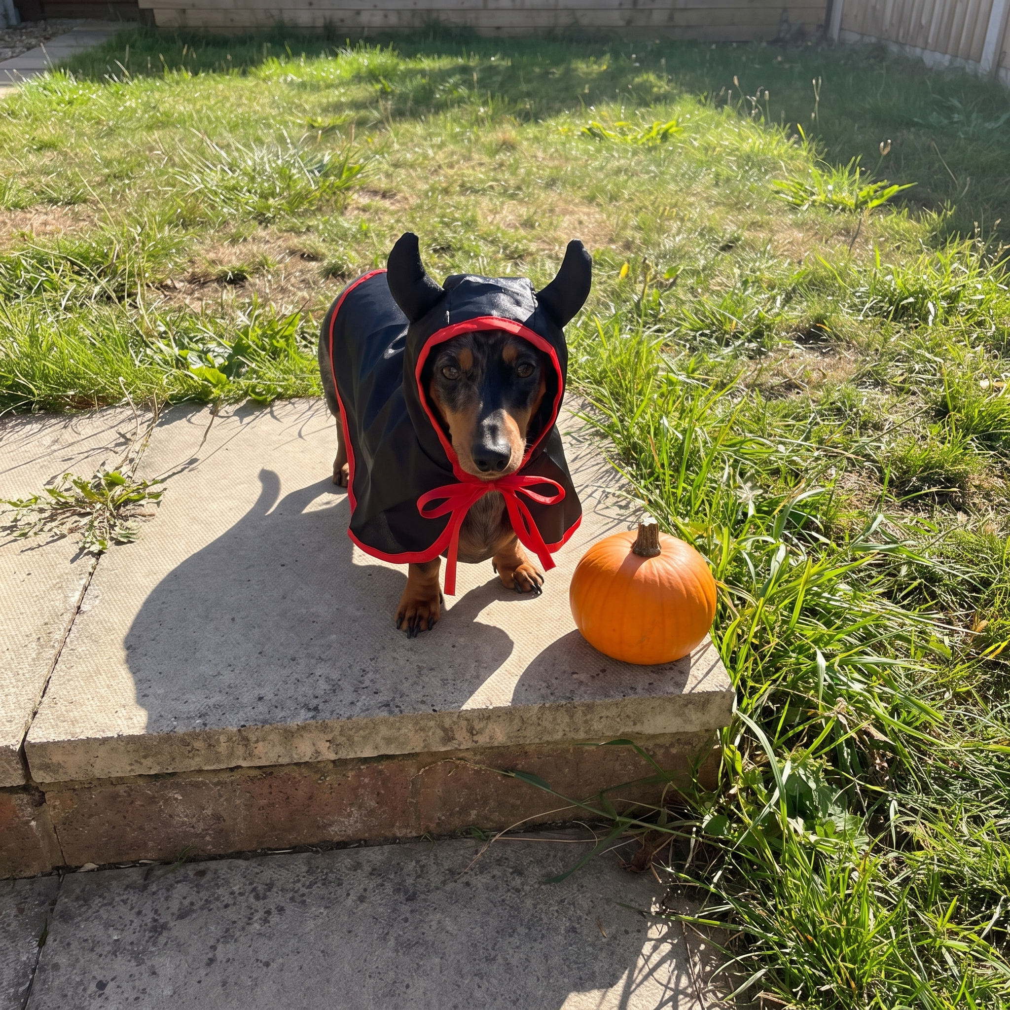 Dachshund wearing the devil cloak costume in a backyard - wrenwood ugc lifestyle v2