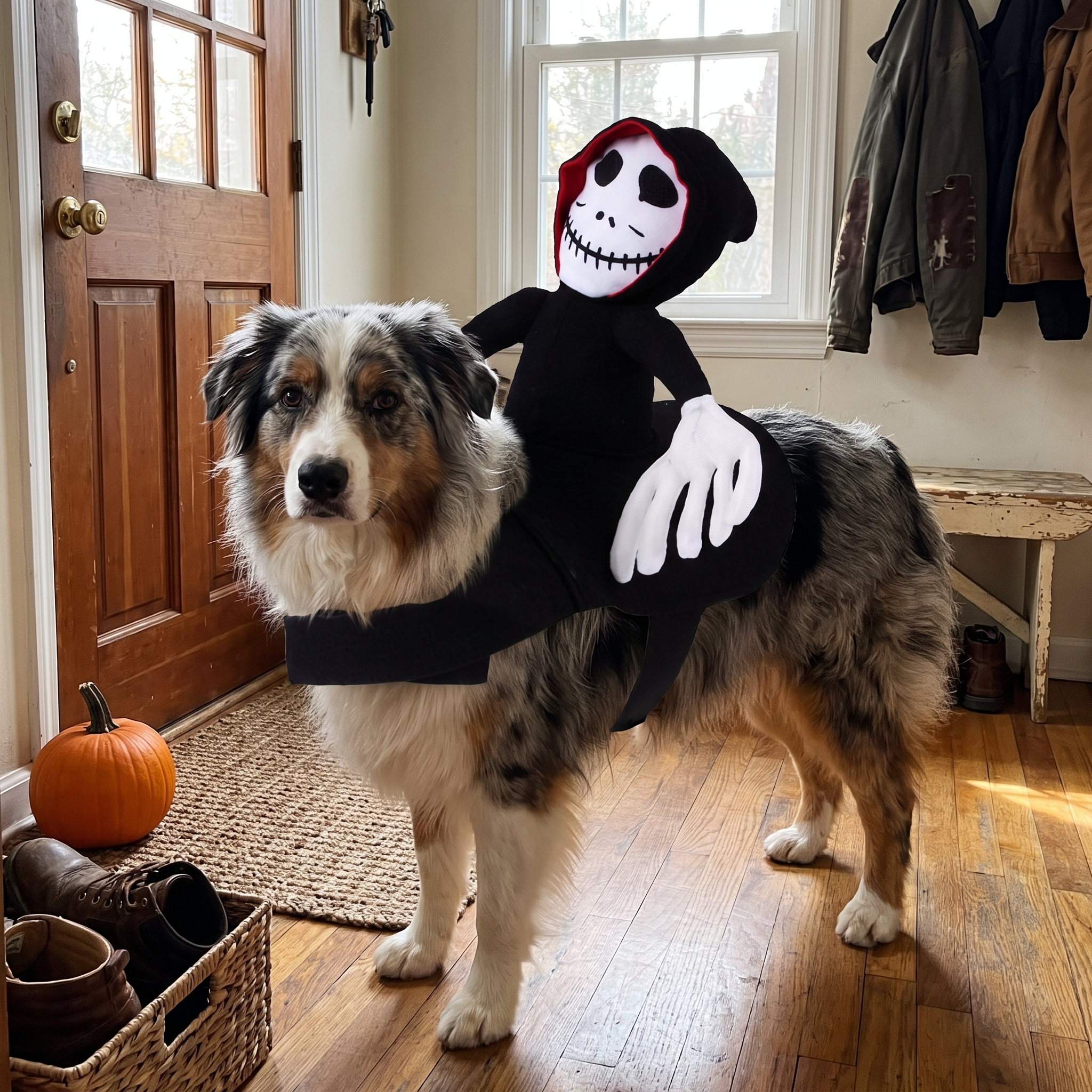 Australian shepherd wearing the halloween rider costume in a home entryway - wrenwood hero v2