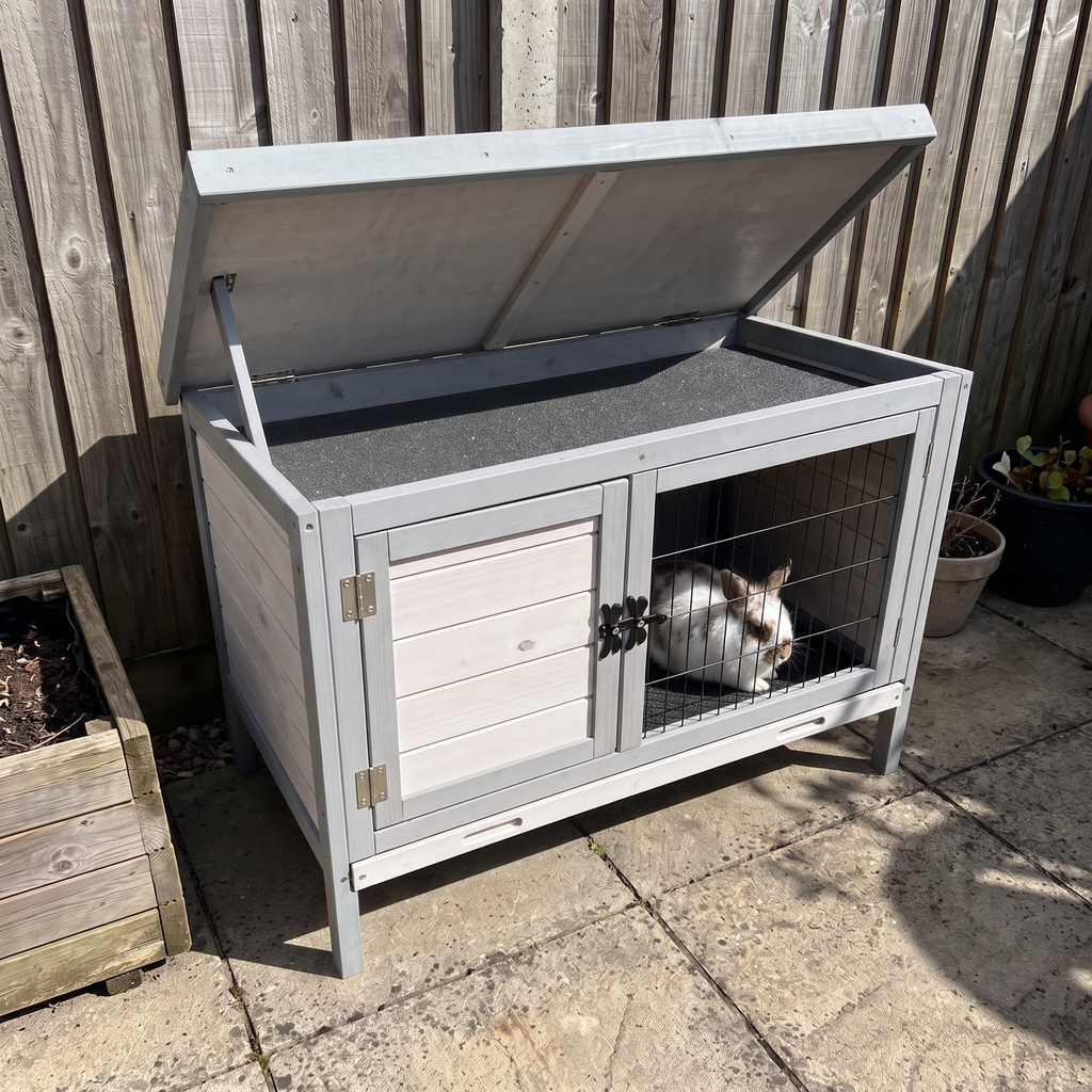 White rabbit sits inside the raised wooden hutch on a patio, lid propped open.