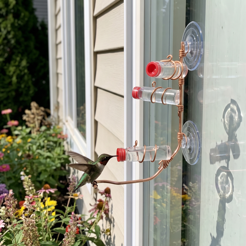 Hummingbird drinking at the copper window feeder by a garden window - wrenwood ugc lifestyle v2