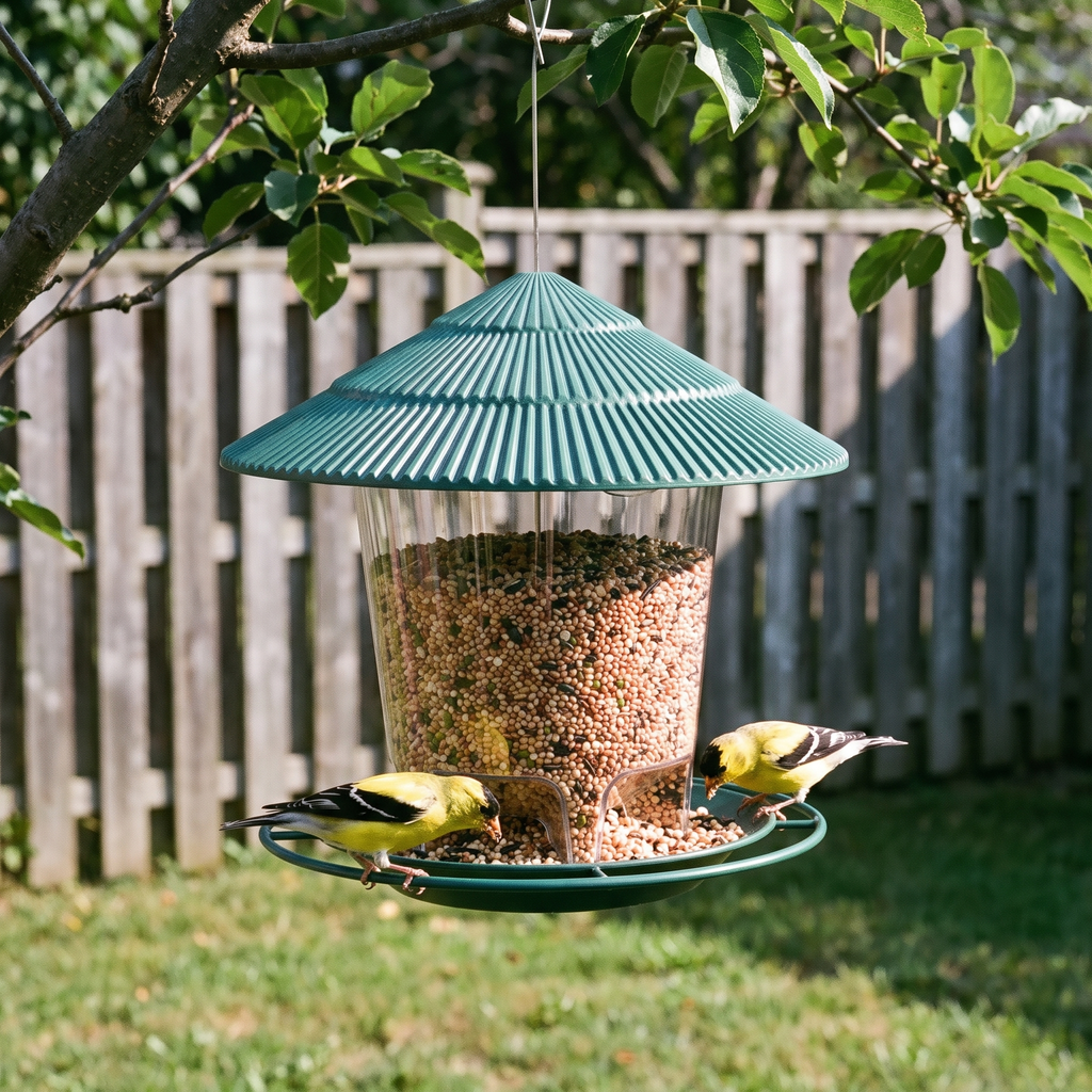 Goldfinches at the green-roof metal bird feeder hanging from a backyard tree - wrenwood ugc lifestyle v2