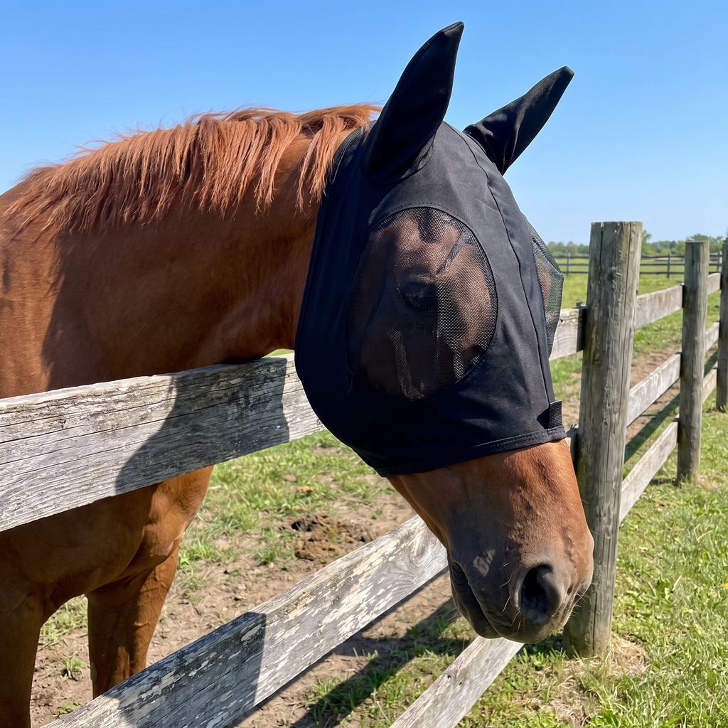 Chestnut horse at a field fence line wearing the black fly mask - wrenwood ugc lifestyle v2