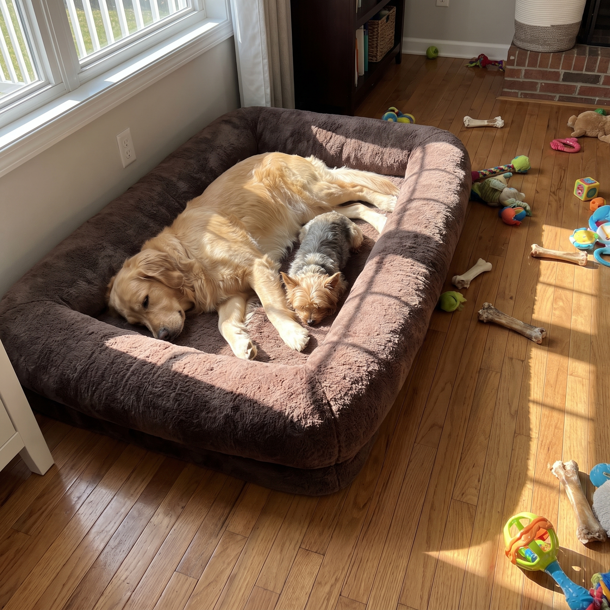 Golden retriever and terrier sprawled with room to spare in the giant human-size dog bed - wrenwood ugc lifestyle v2