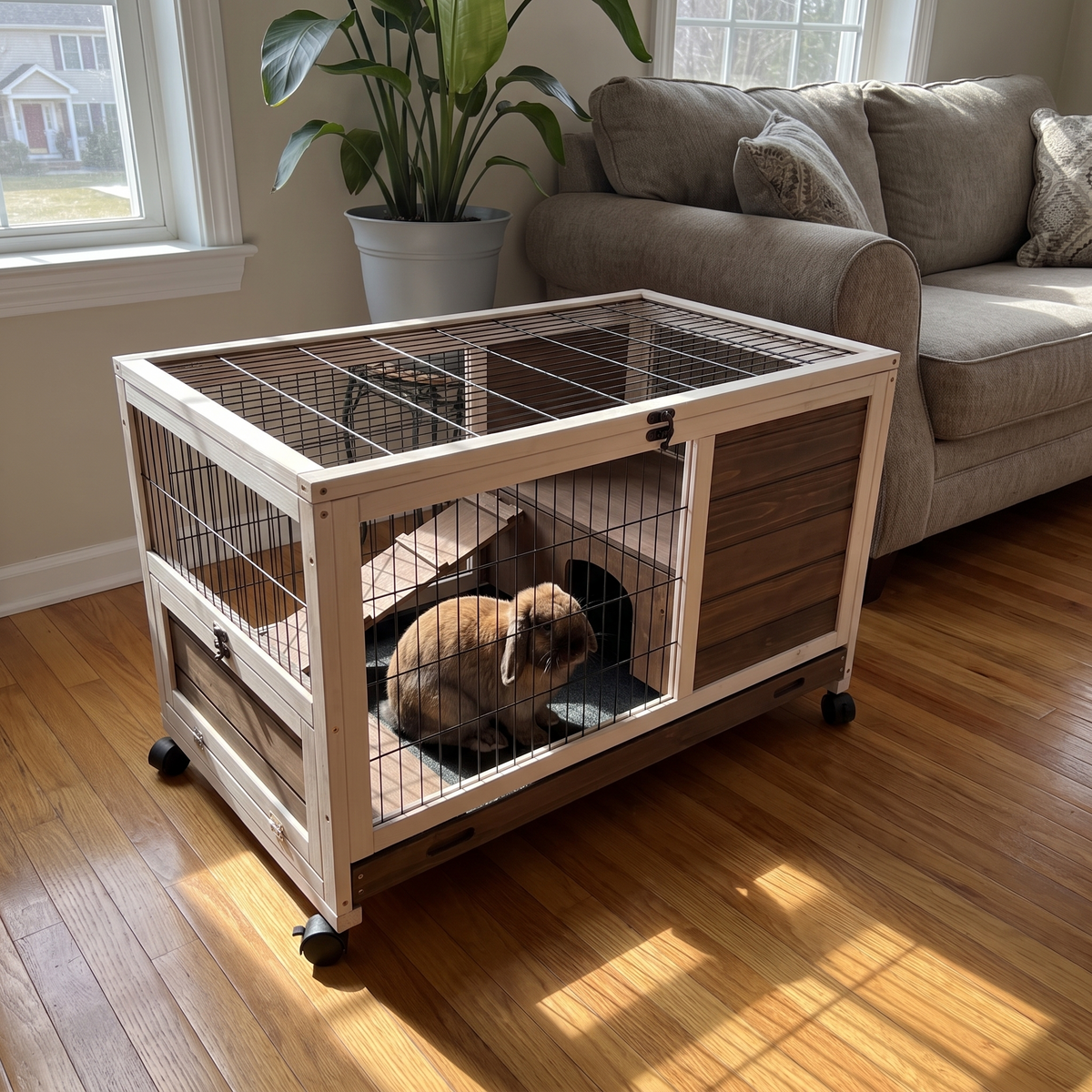 Lop rabbit inside the rolling wooden cage set up in a living room - wrenwood ugc lifestyle v2