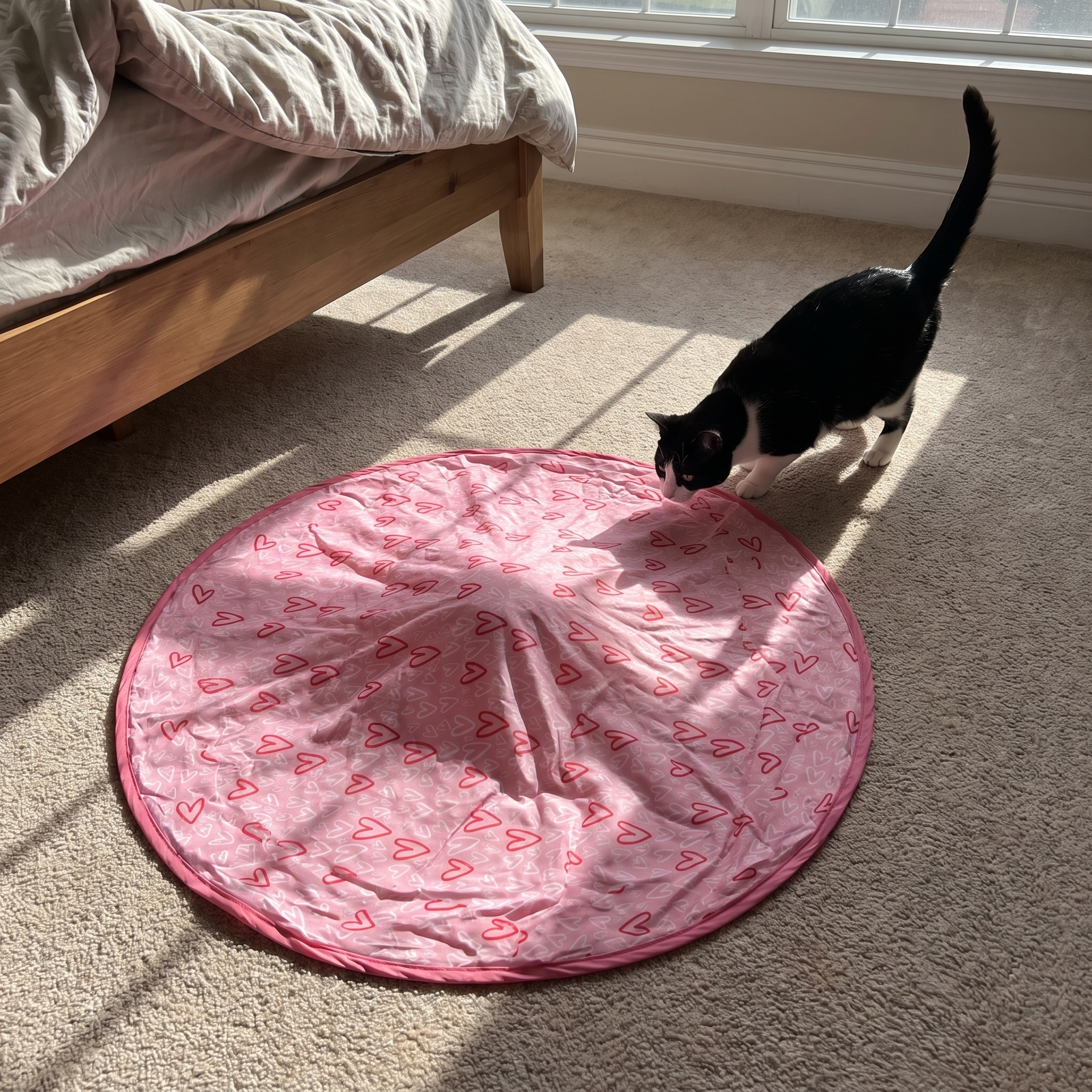 Tuxedo cat stalking the hidden bump under the pink fabric cover in a bedroom - wrenwood ugc lifestyle v2