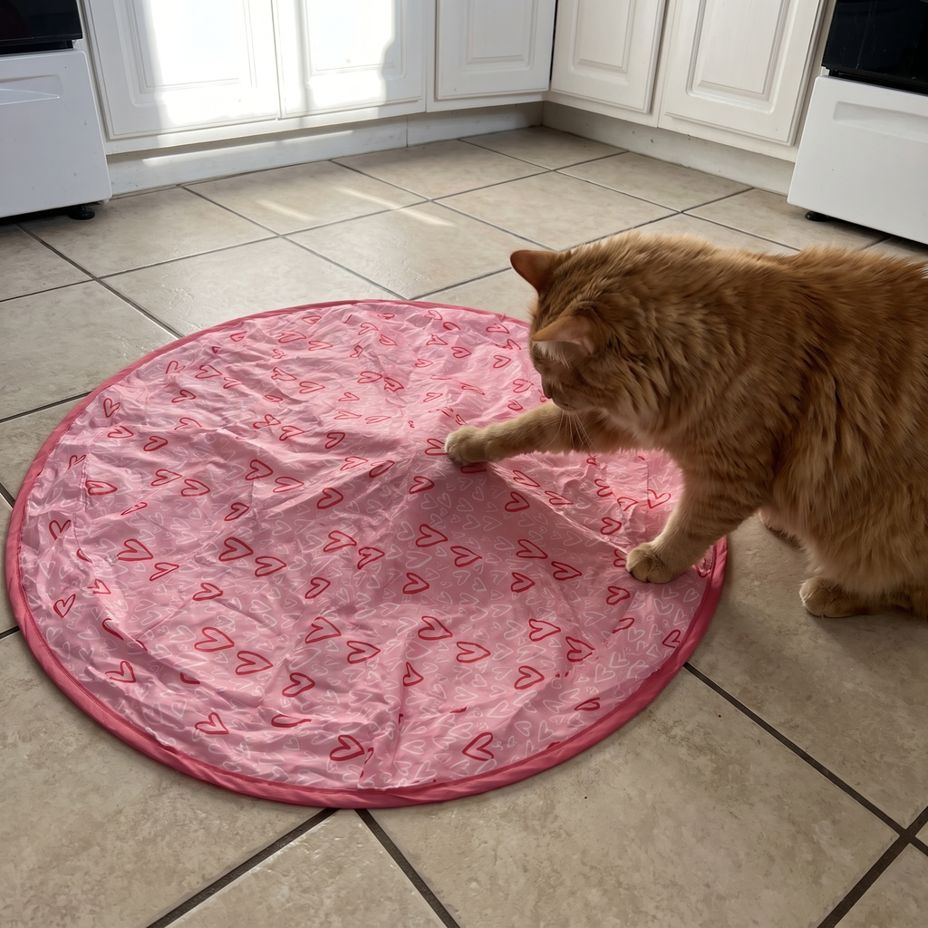 Ginger cat batting at the concealed mover under the pink play cover on kitchen tile - wrenwood ugc lifestyle v2