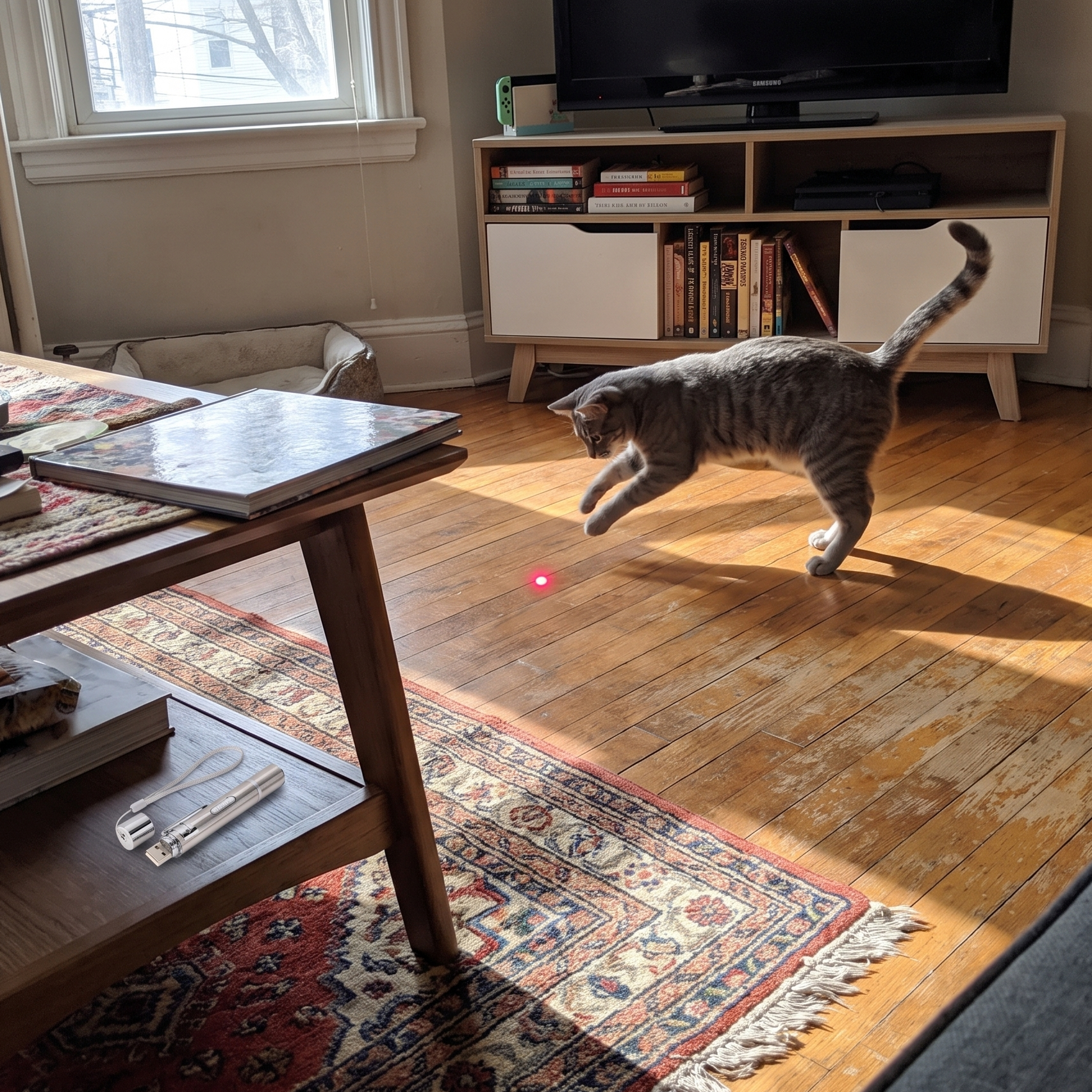 Cat chasing the red laser dot with the silver pointer resting on the coffee table - wrenwood ugc lifestyle v2