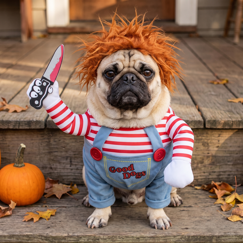 Pug in the killer doll costume sitting on a front porch - wrenwood hero v2