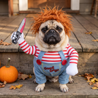 Pug in the killer doll costume sitting on a front porch - wrenwood hero v2