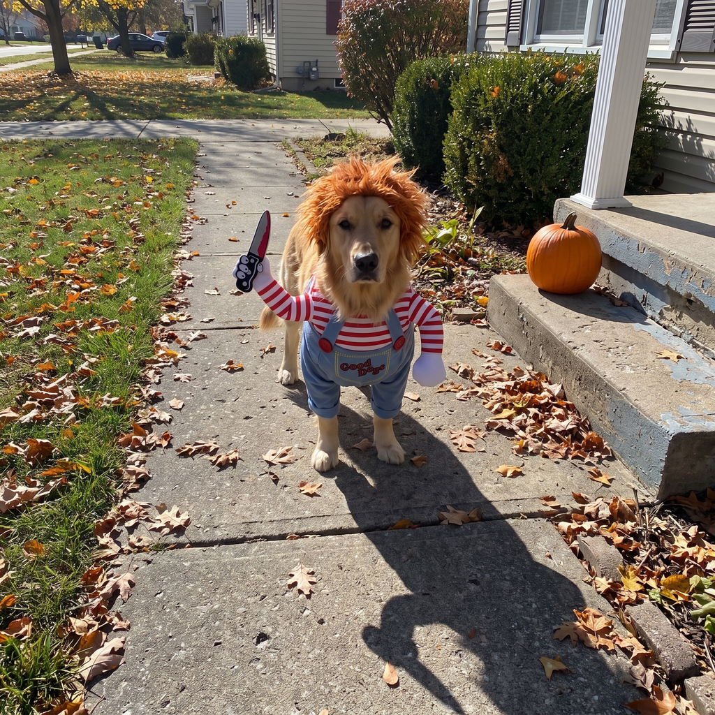 Golden retriever in the killer doll costume on a leafy front walkway - wrenwood ugc lifestyle v2