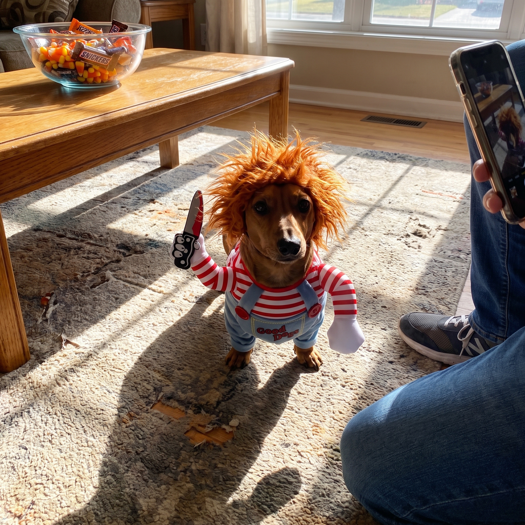 Dachshund in the killer doll costume in a living room - wrenwood ugc lifestyle v2