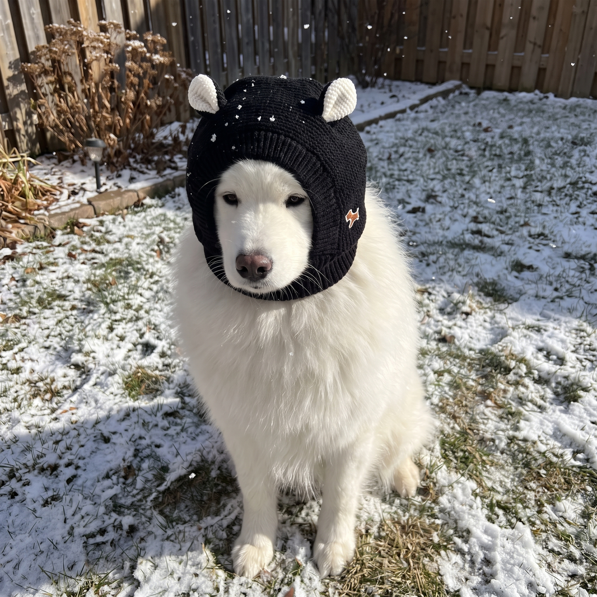 Samoyed in the black knitted beanie in light snow, ears tucked under the knit - wrenwood ugc lifestyle v2