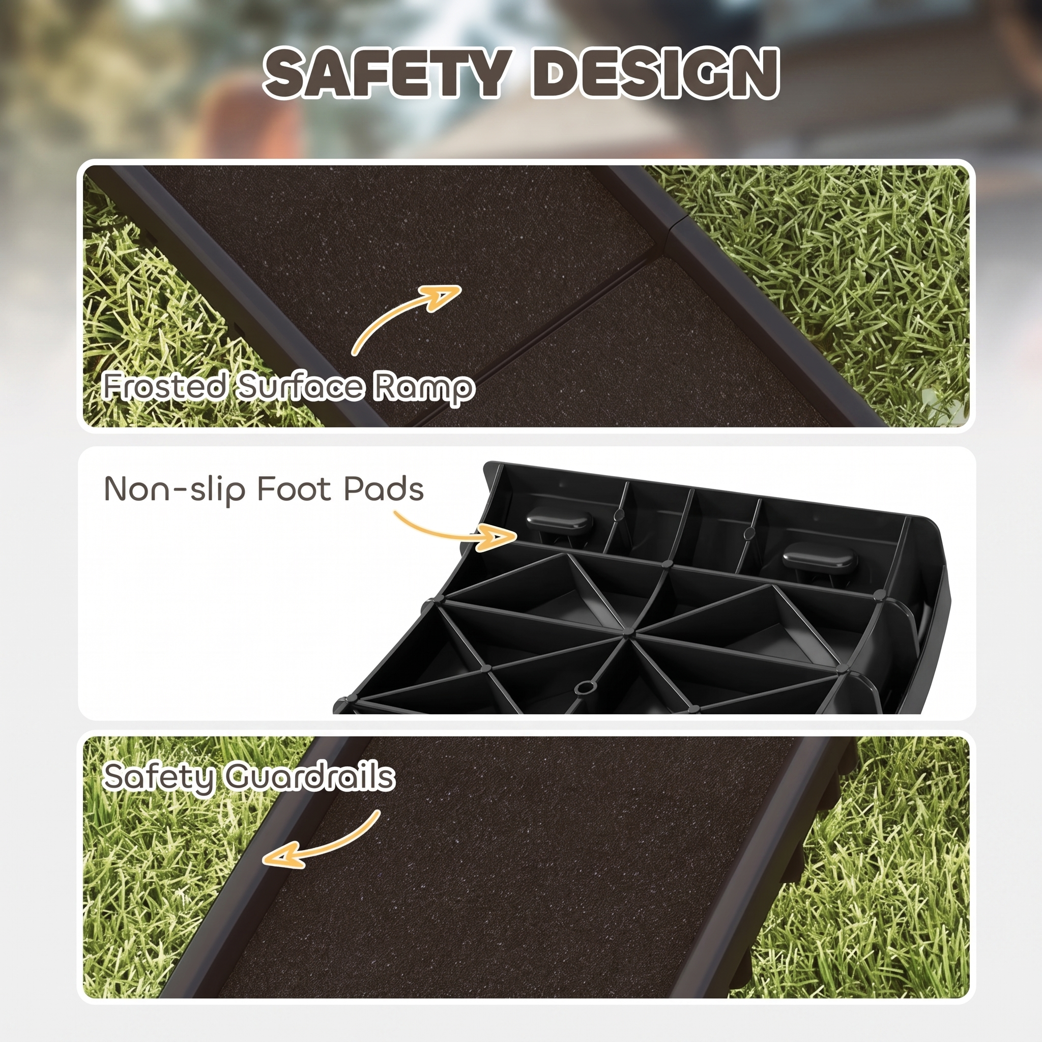 Three close-up panels label the ramp's frosted surface, foot pads and guardrails.