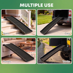 Four panels show the folding ramp used at stairs, cars, homes and trucks.
