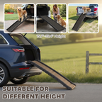 Folding ramp leans from a car tailgate, with three thumbnails of dogs using it.
