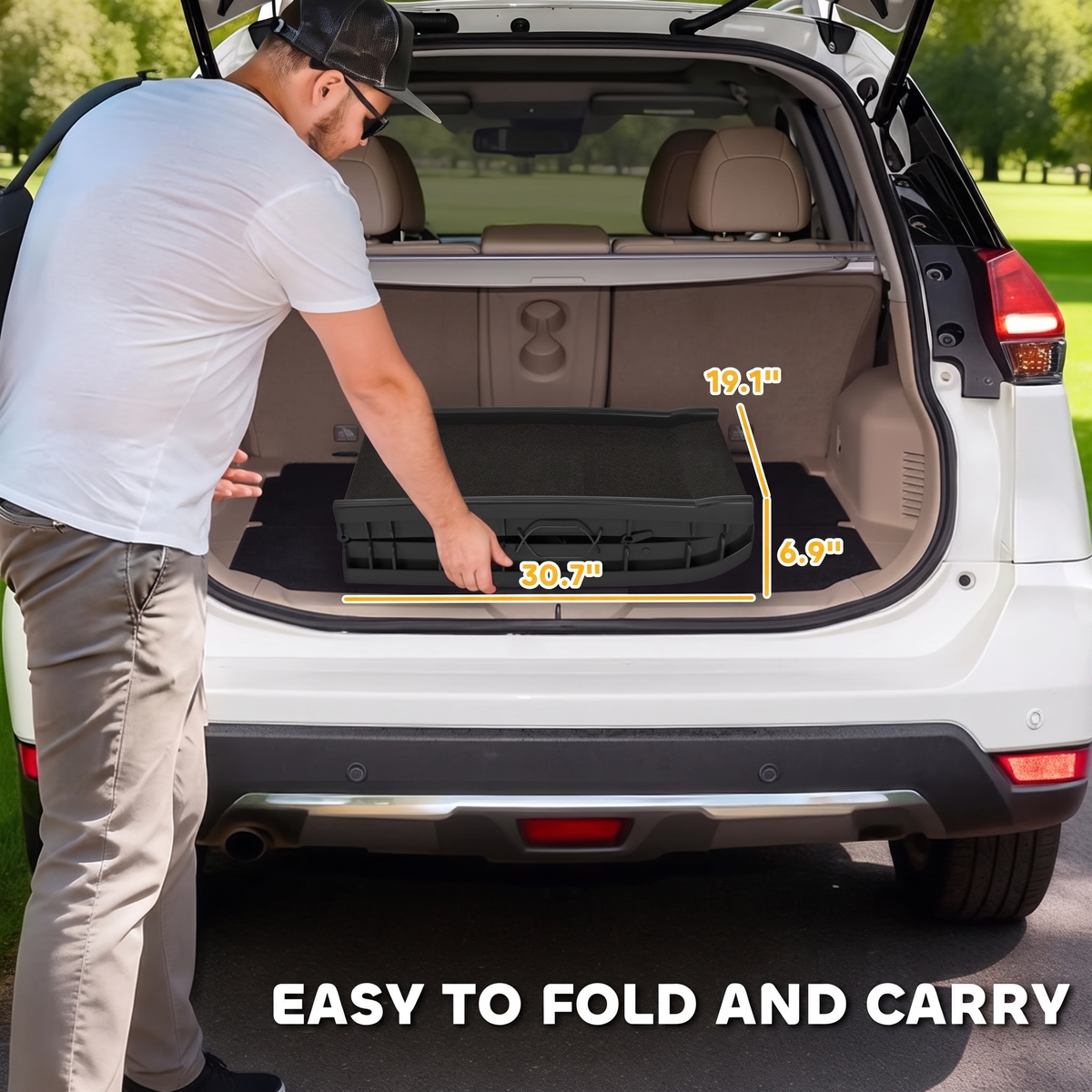 Man folds the ramp in the trunk of a white SUV, with dimension labels.