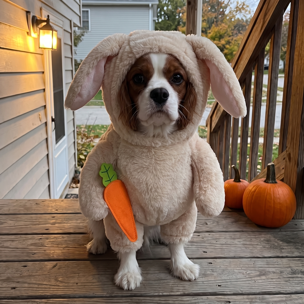 Cavalier spaniel in a plush bunny costume with carrot sits on a porch by pumpkins.