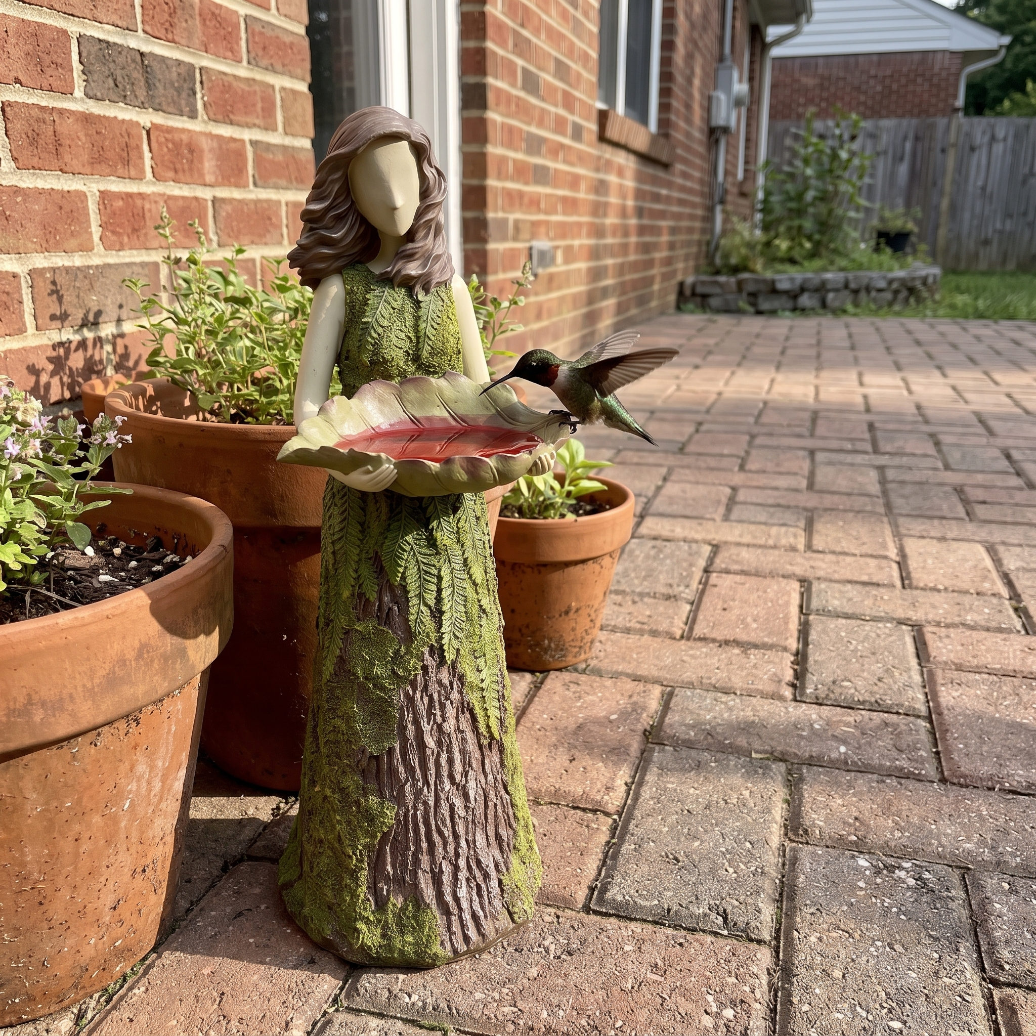 Fairy hummingbird feeder on a patio beside potted plants, full statue in view - wrenwood ugc lifestyle v3