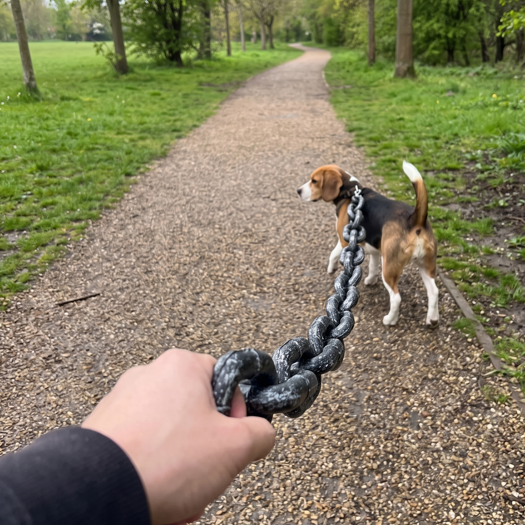 Beagle on a park path leashed with the oversized chunky faux-iron chain prop held in hand - wrenwood ugc lifestyle v3