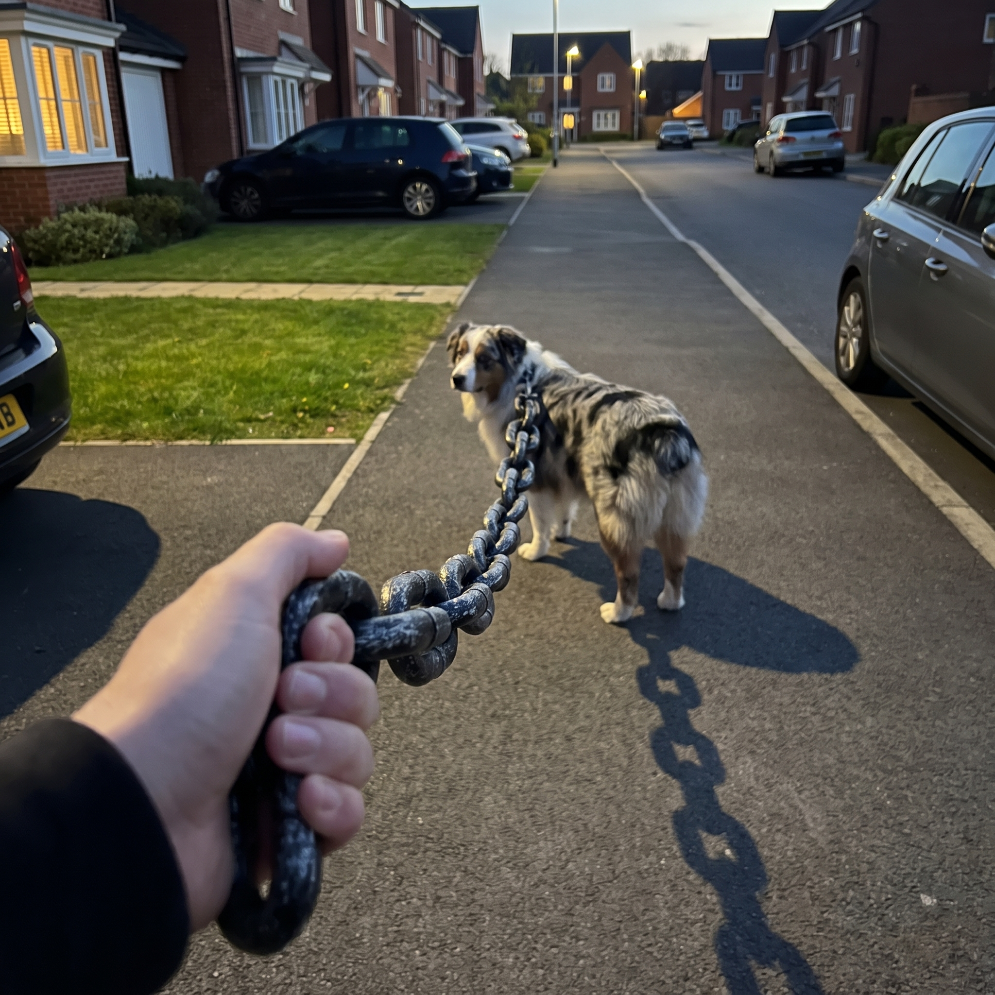 Australian shepherd at dusk leashed with the giant fake iron chain links, hand gripping the chain - wrenwood ugc lifestyle v3