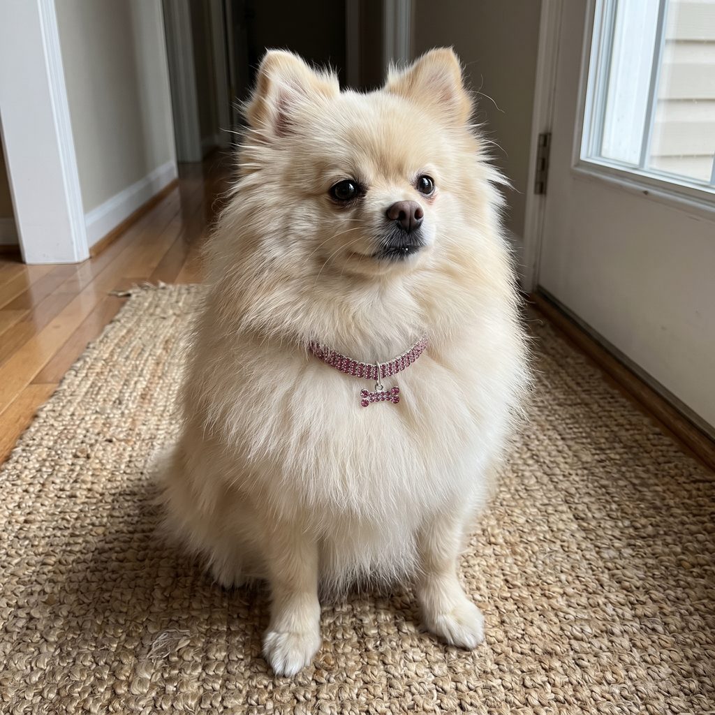 Pomeranian in a hallway wearing the pink crystal dog necklace with bone charm - wrenwood ugc lifestyle v3
