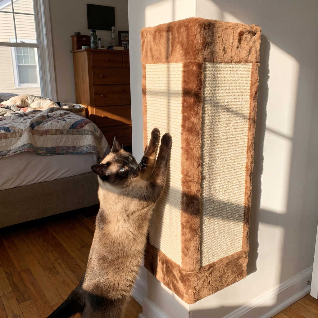 Siamese cat scratching the mat pressed against a bedroom wall corner in sunlight - wrenwood ugc lifestyle v3