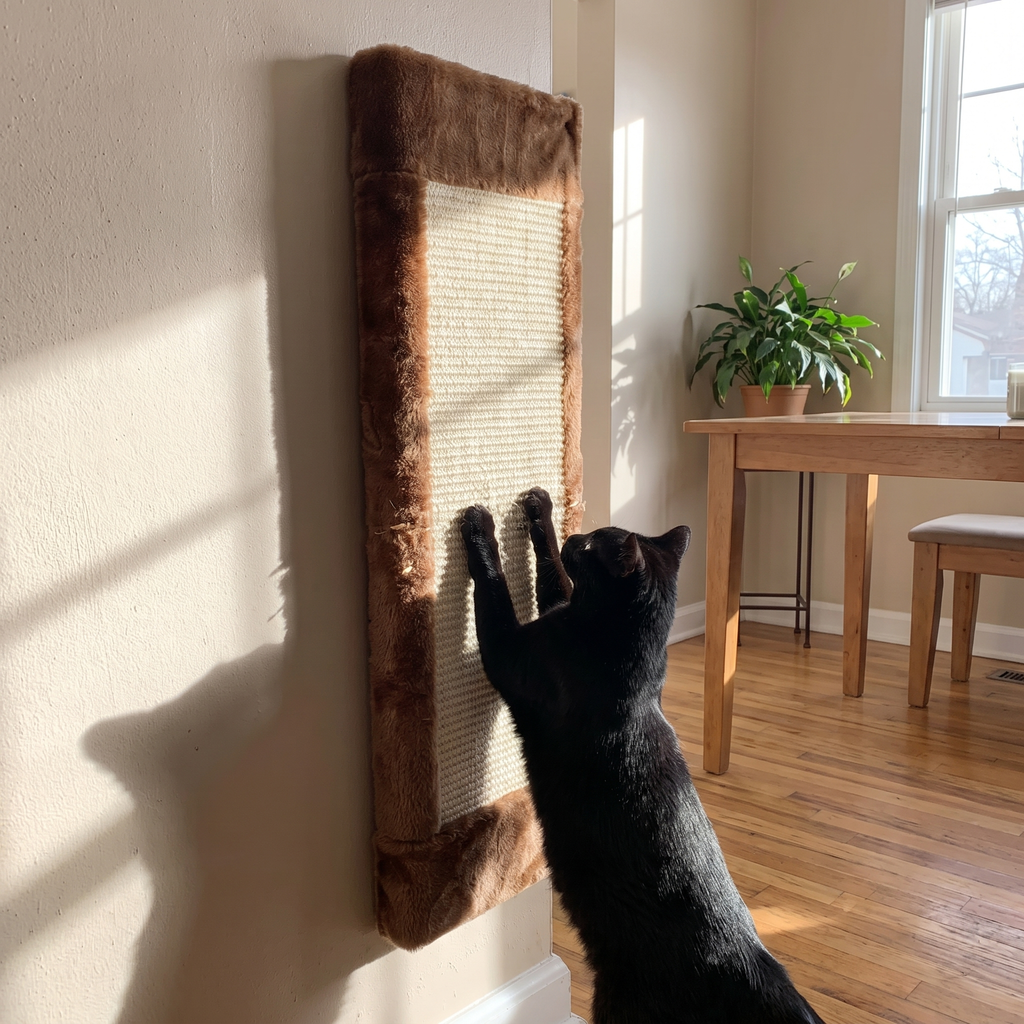 Black cat scratching the wall-corner scratcher mat in a sunny dining room - wrenwood ugc lifestyle v3