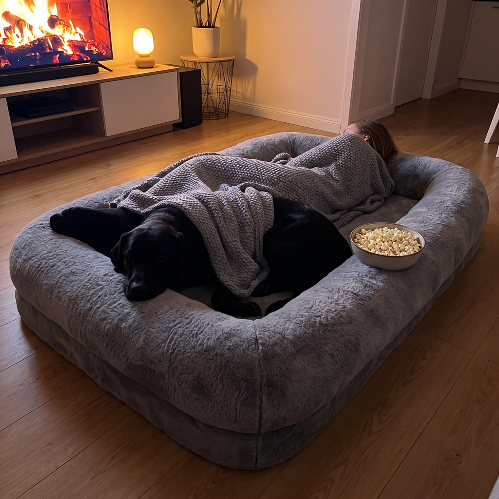 Movie night on the giant human dog bed with a black lab, popcorn bowl and TV glow, face hidden - wrenwood ugc lifestyle v3