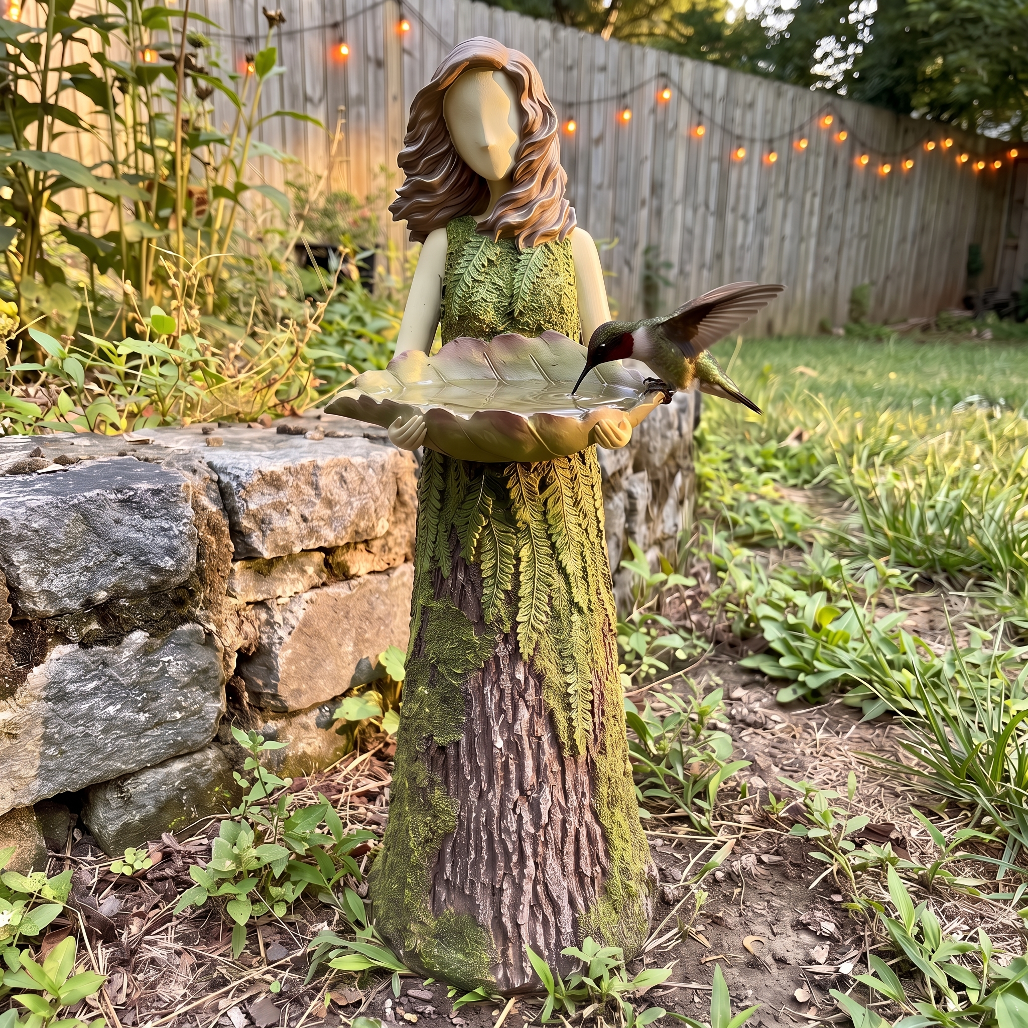 Fairy statue holds a leaf shaped feeder bowl with a bird at its rim in a garden.