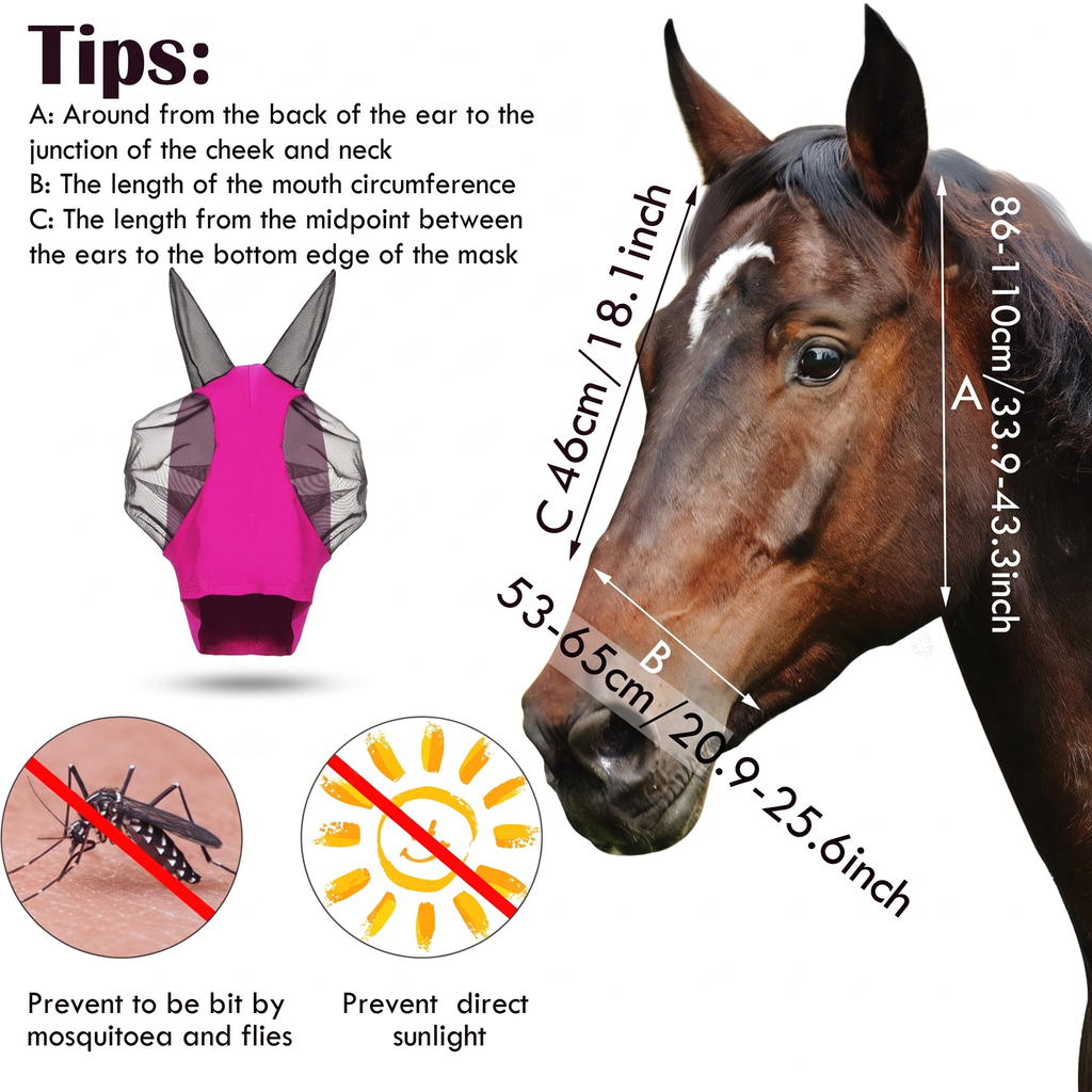 A product information graphic for a horse mask. The right side shows a close-up of a brown horse head with measurement arrows labeled A, B, and C over the mask area.