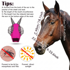 A product information graphic for a horse mask. The right side shows a close-up of a brown horse head with measurement arrows labeled A, B, and C over the mask area.