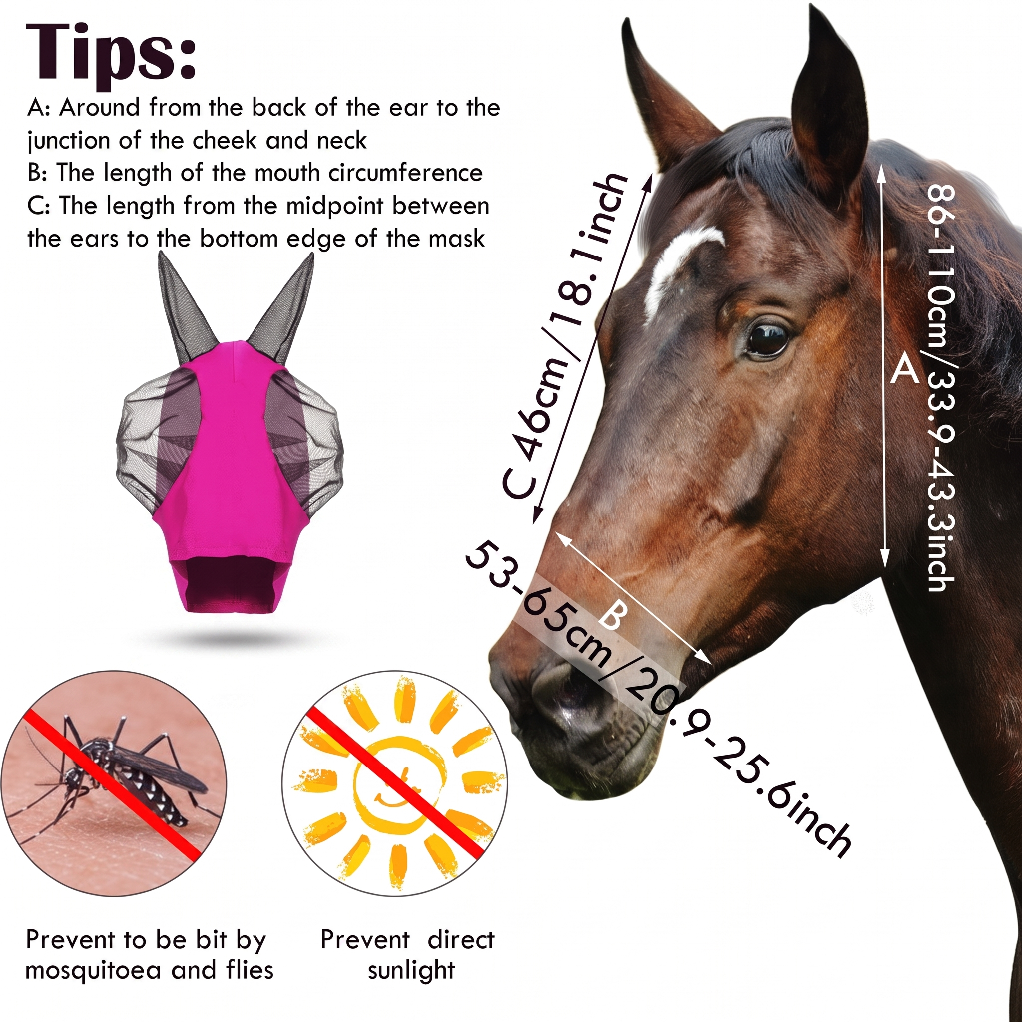 A product information graphic for a horse mask. The right side shows a close-up of a brown horse head with measurement arrows labeled A, B, and C over the mask area.