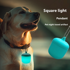 Labrador wears the glowing LED tag at night beside an enlarged product render.