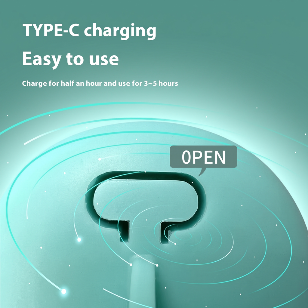 Close-up graphic of the teal LED tag's clip with Type-C charging text.