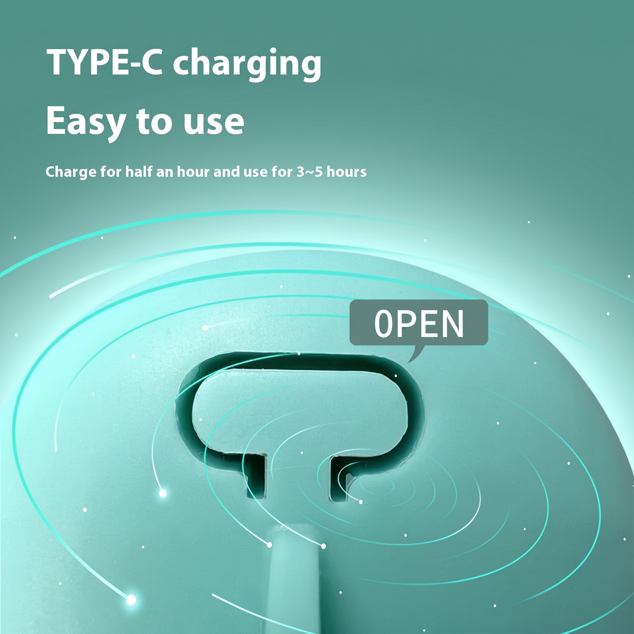Close-up graphic of the teal LED tag's clip with Type-C charging text.