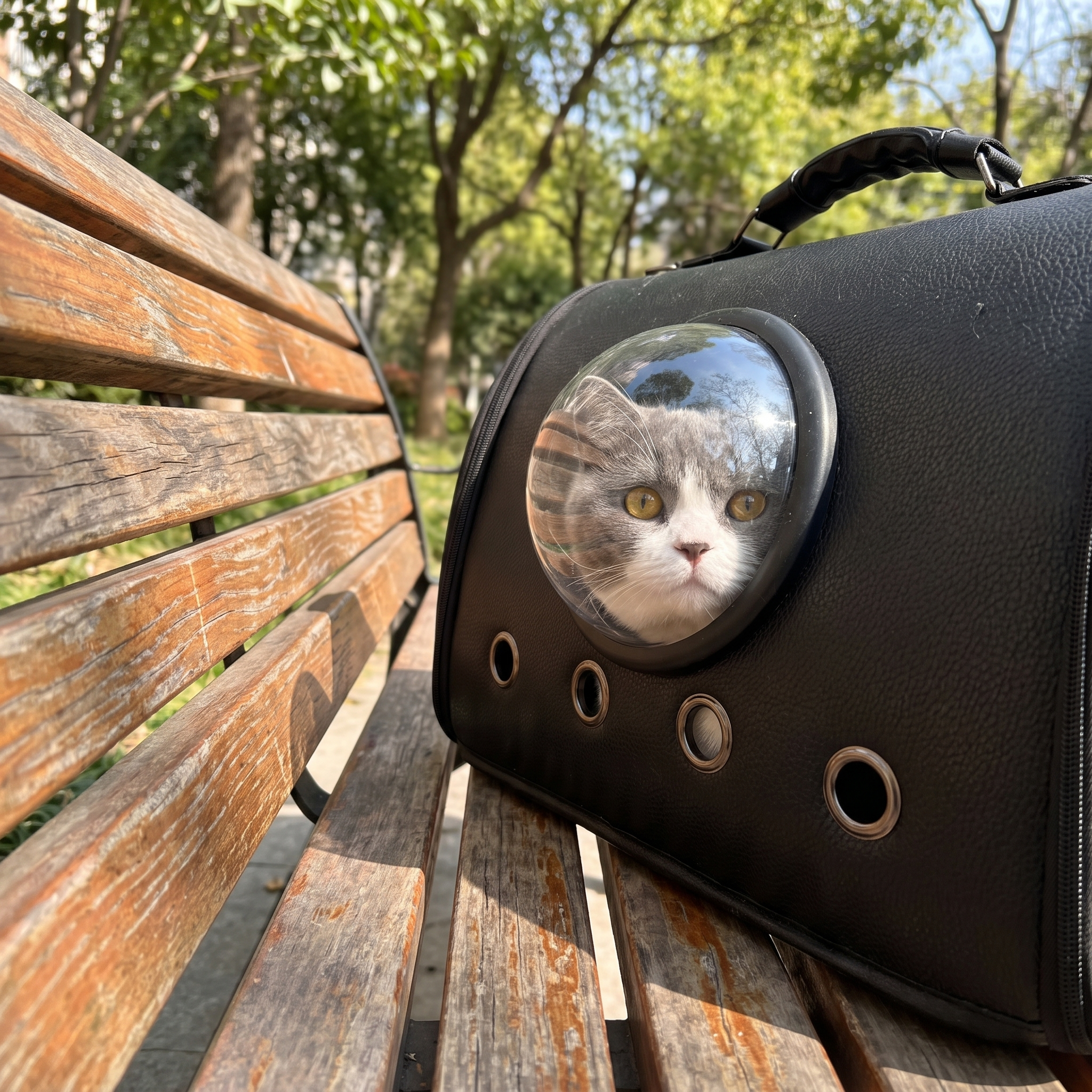 Grey cat looking out of the black leather carrier tote on a park bench - wrenwood ugc lifestyle v2