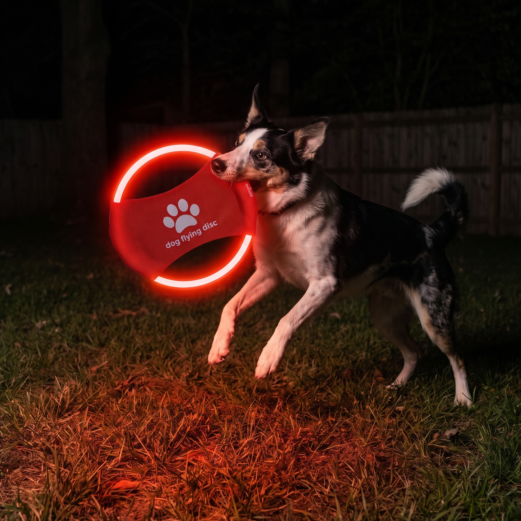Red LED frisbee glowing at night in a dark backyard as a dog leaps for it - wrenwood hero v2