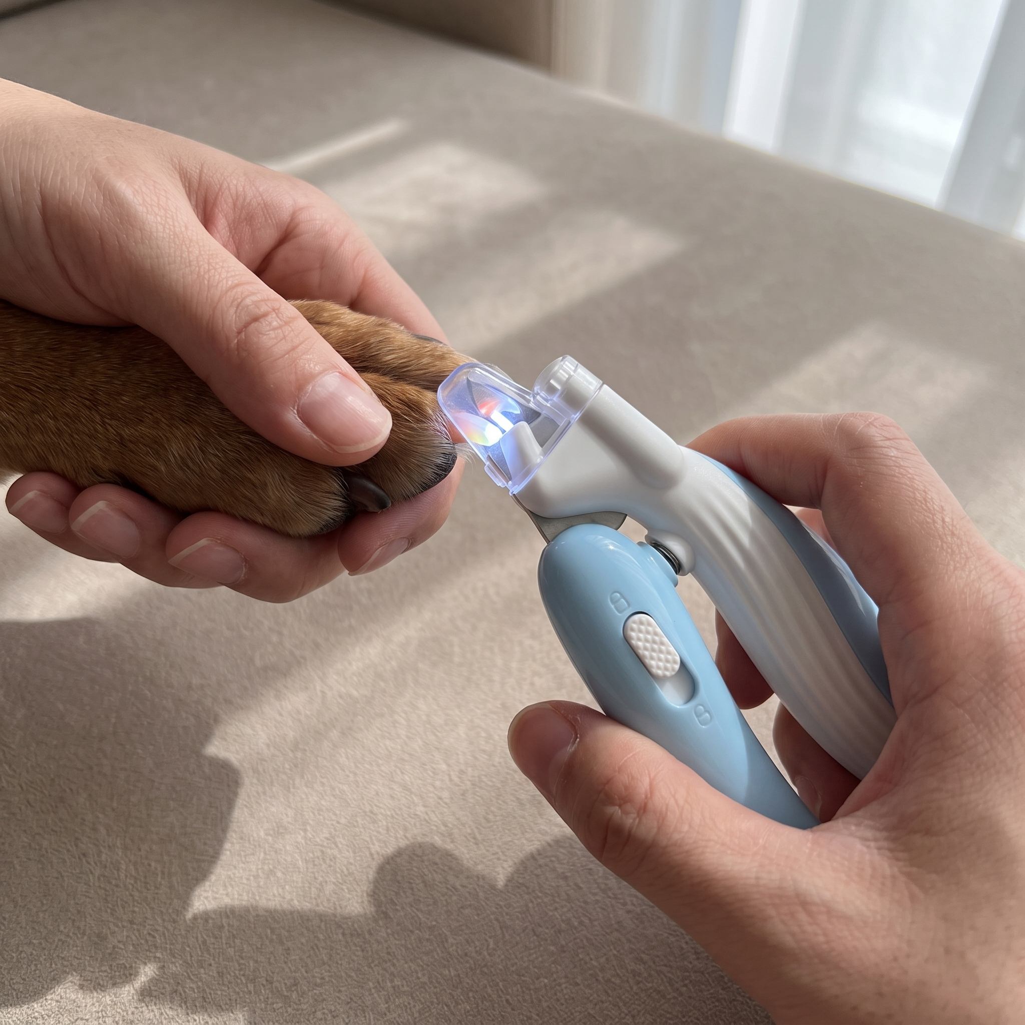 Hands trimming a dog's nail with the LED pet nail clippers, light glowing on the nail - wrenwood ugc lifestyle v2