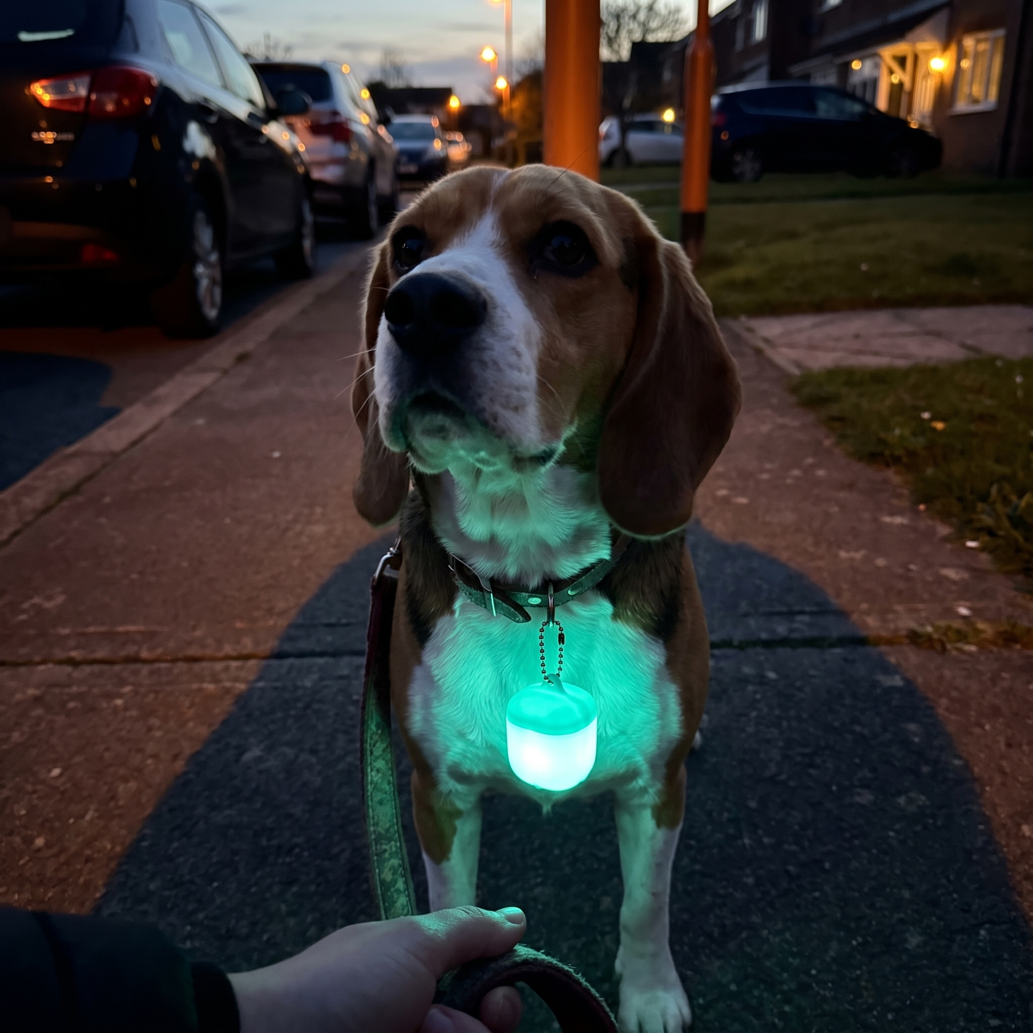 Beagle on a dusk sidewalk walk with the LED safety tag glowing on its collar - wrenwood ugc lifestyle v2