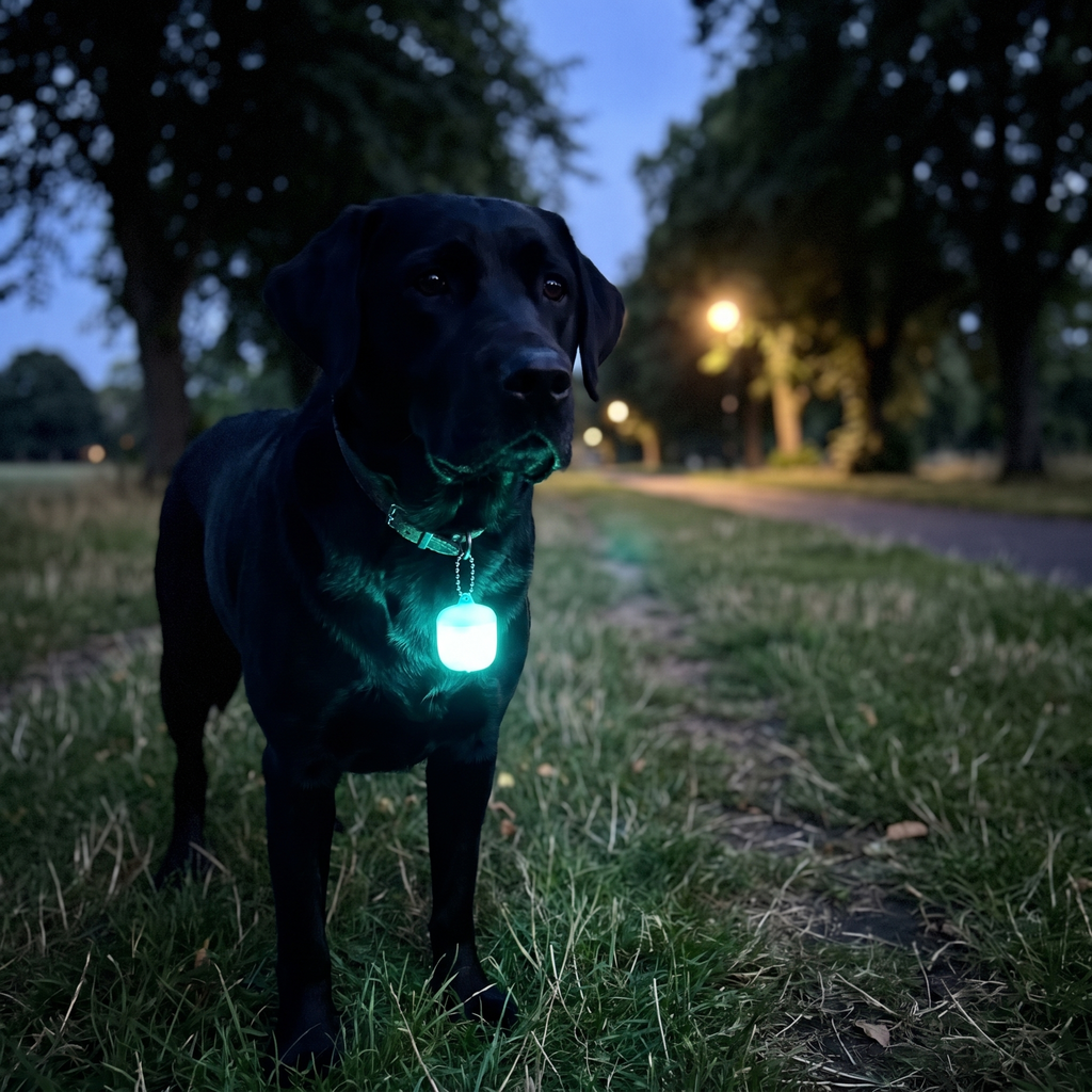 Black labrador at park nightfall with the LED safety tag glowing on its collar - wrenwood ugc lifestyle v2