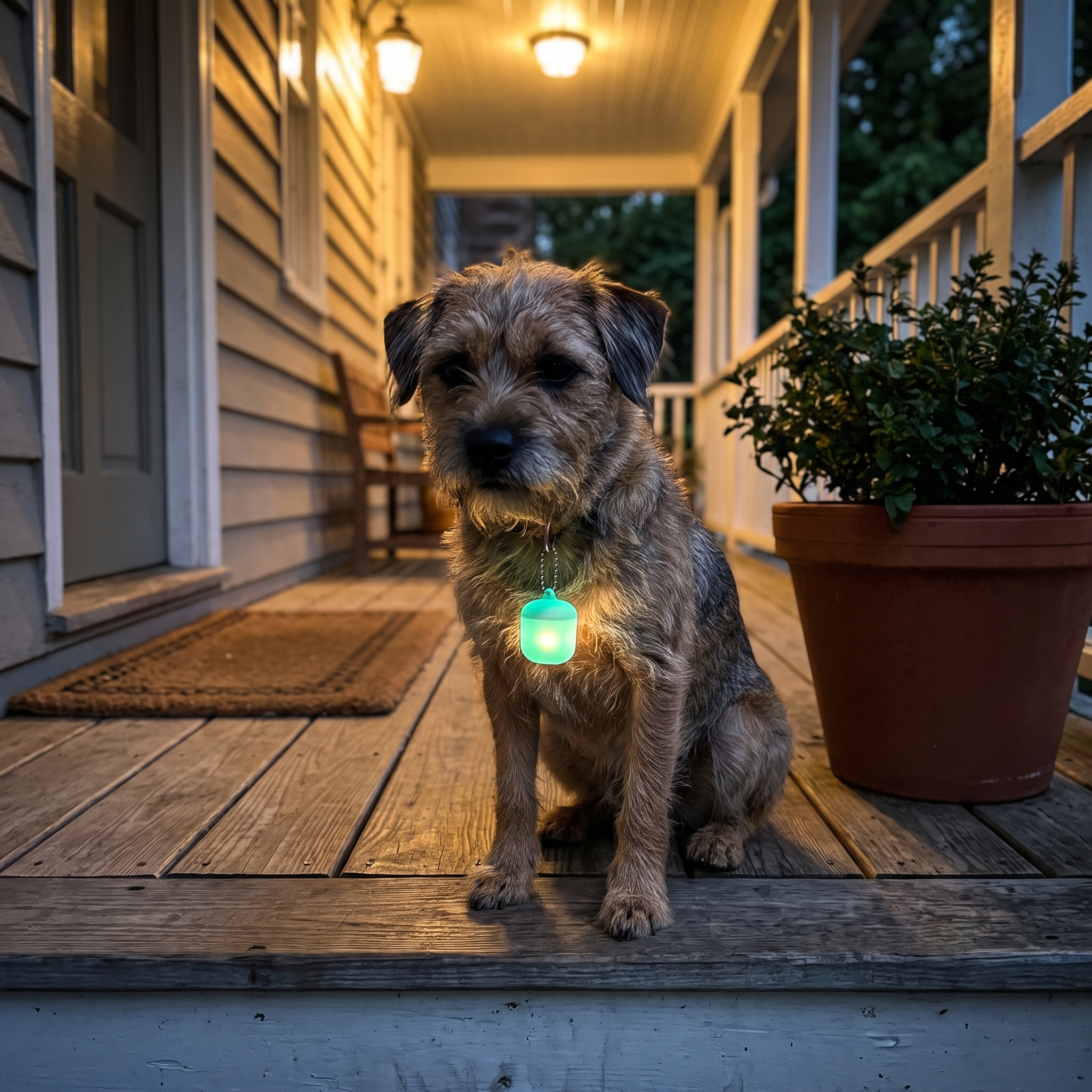 Terrier on a porch in the evening with the LED safety tag glowing on its collar - wrenwood ugc lifestyle v2