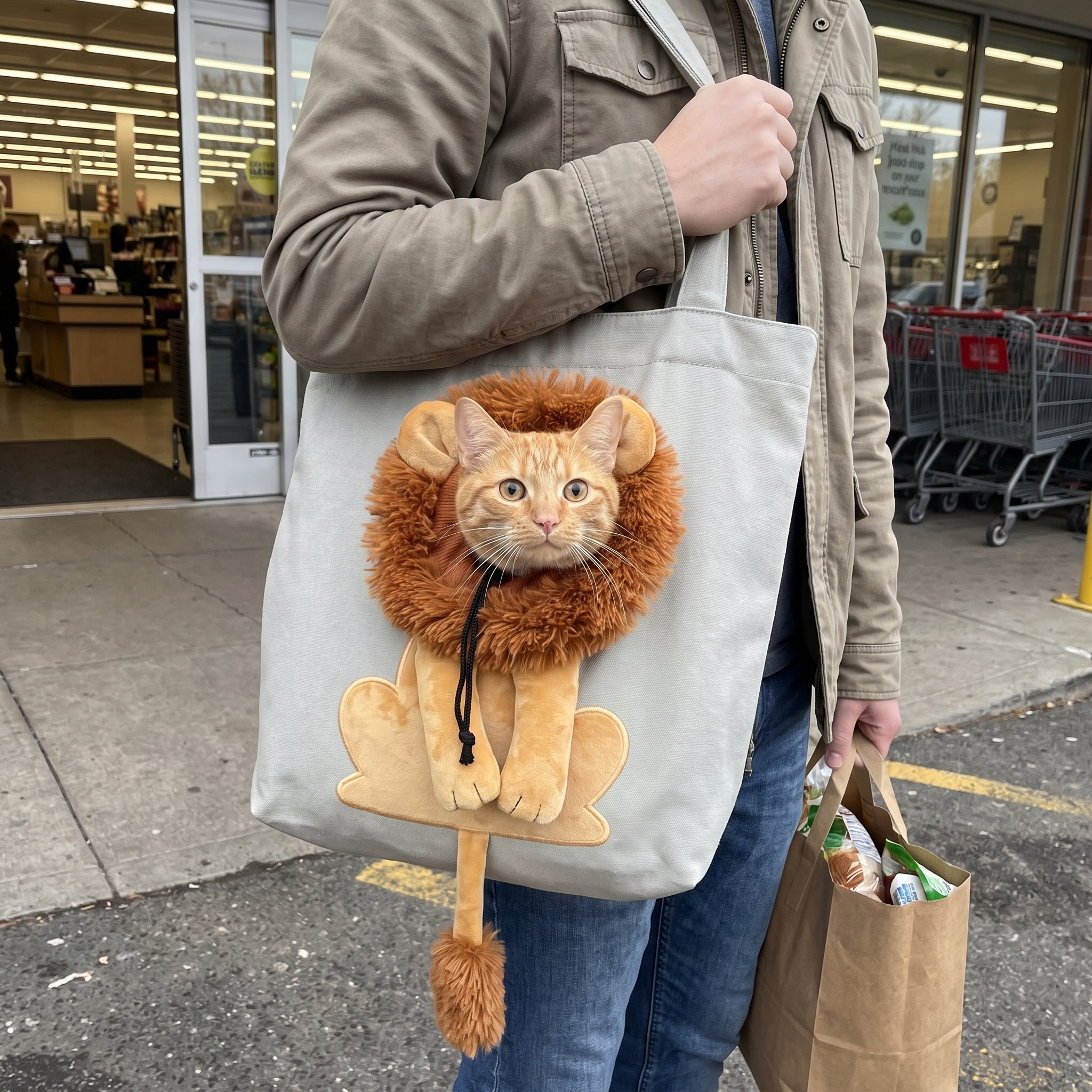 Orange cat looking like a lion in the carrier tote during errands outside a store - wrenwood ugc lifestyle v2