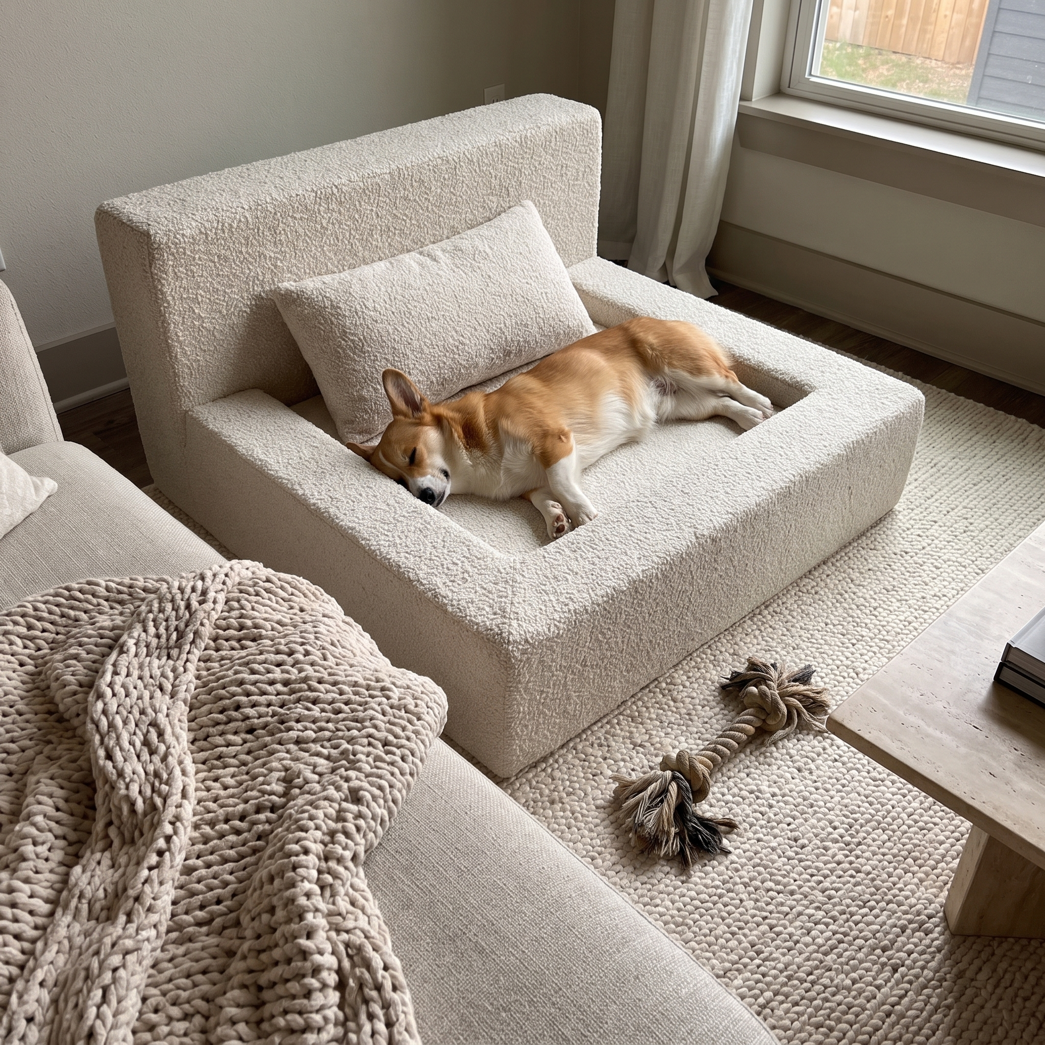 Corgi sprawled on the calming sofa pet bed in a living room - wrenwood ugc lifestyle v2