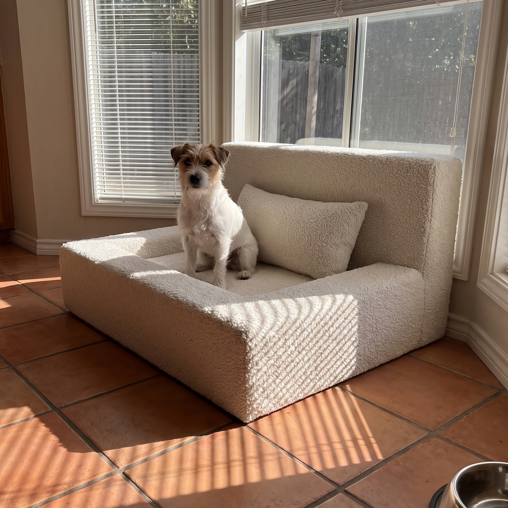 Terrier on the calming sofa pet bed in a sunny breakfast nook - wrenwood ugc lifestyle v2